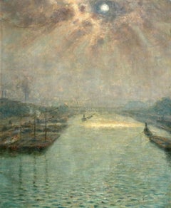 Sunrise over Paris - 19th Century Impressionist Oil, Riverscape - Gaston Prunier