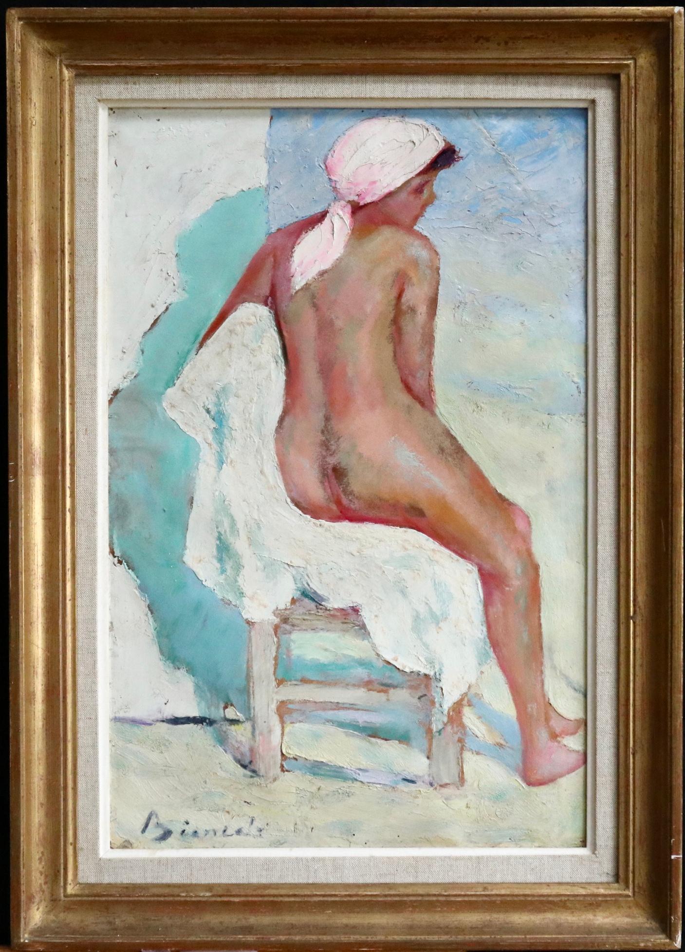 The Beach Tent - Post Impressionist Oil, Seated Nude Woman by Bernardo Biancale 1