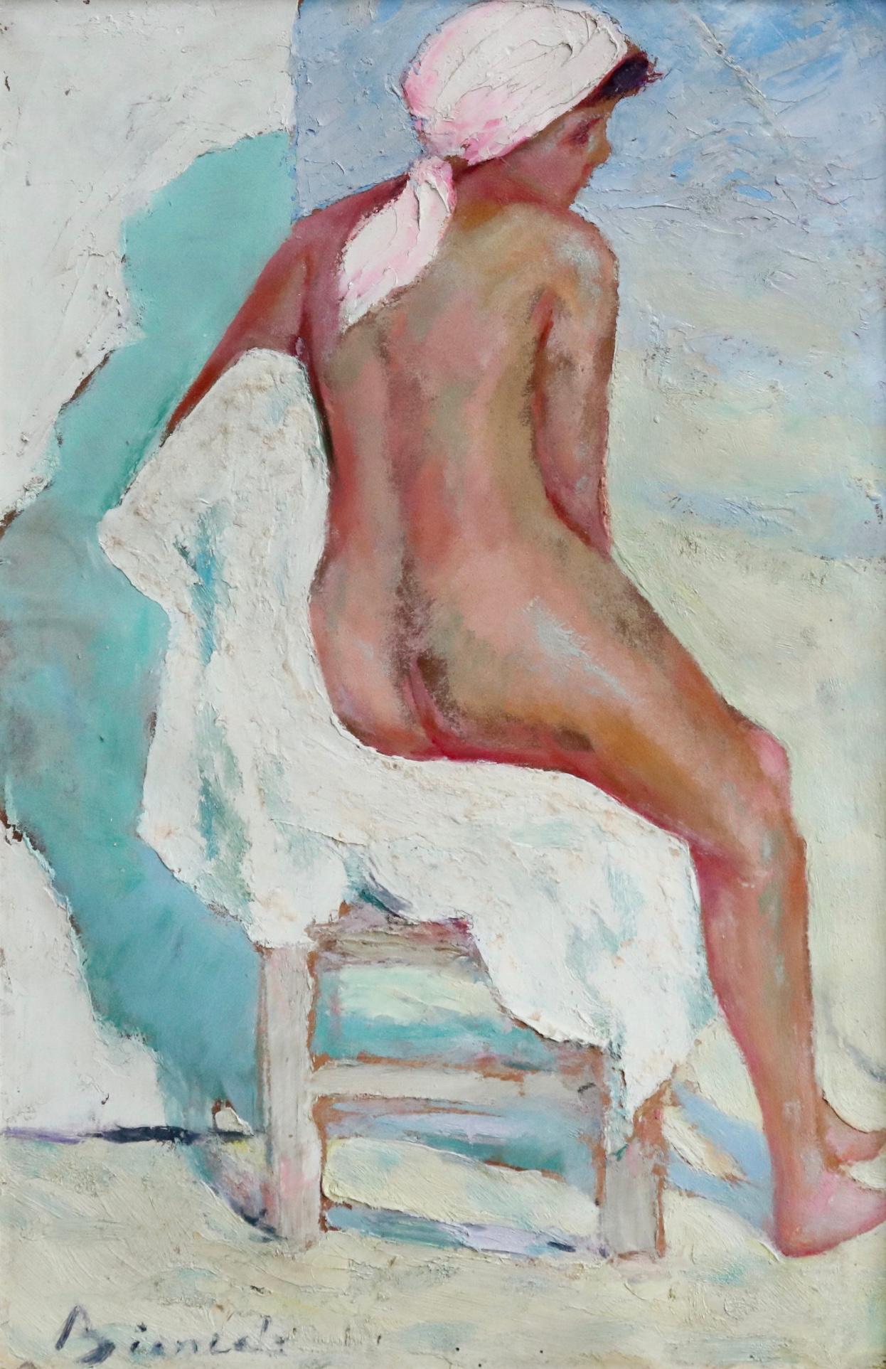 Oil on paper circa 1930 by Italian painter Bernardo Biancale depicting a nude woman seated on a chair beside a beach hut. Signed lower left. Framed dimensions are 25 inches high by 18 inches wide.

Bernardo Biancale was born in Sora in Italy on