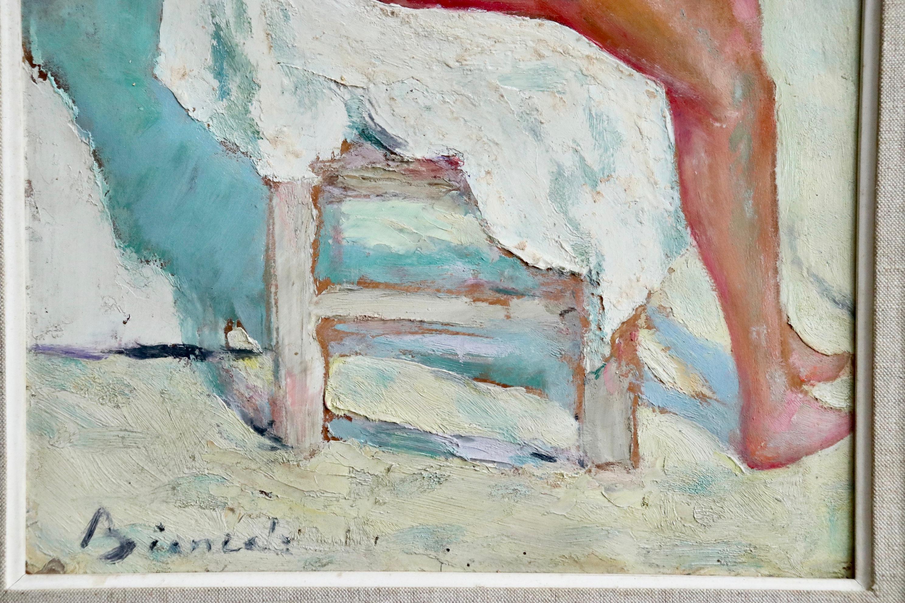 The Beach Tent - Post Impressionist Oil, Seated Nude Woman by Bernardo Biancale 4