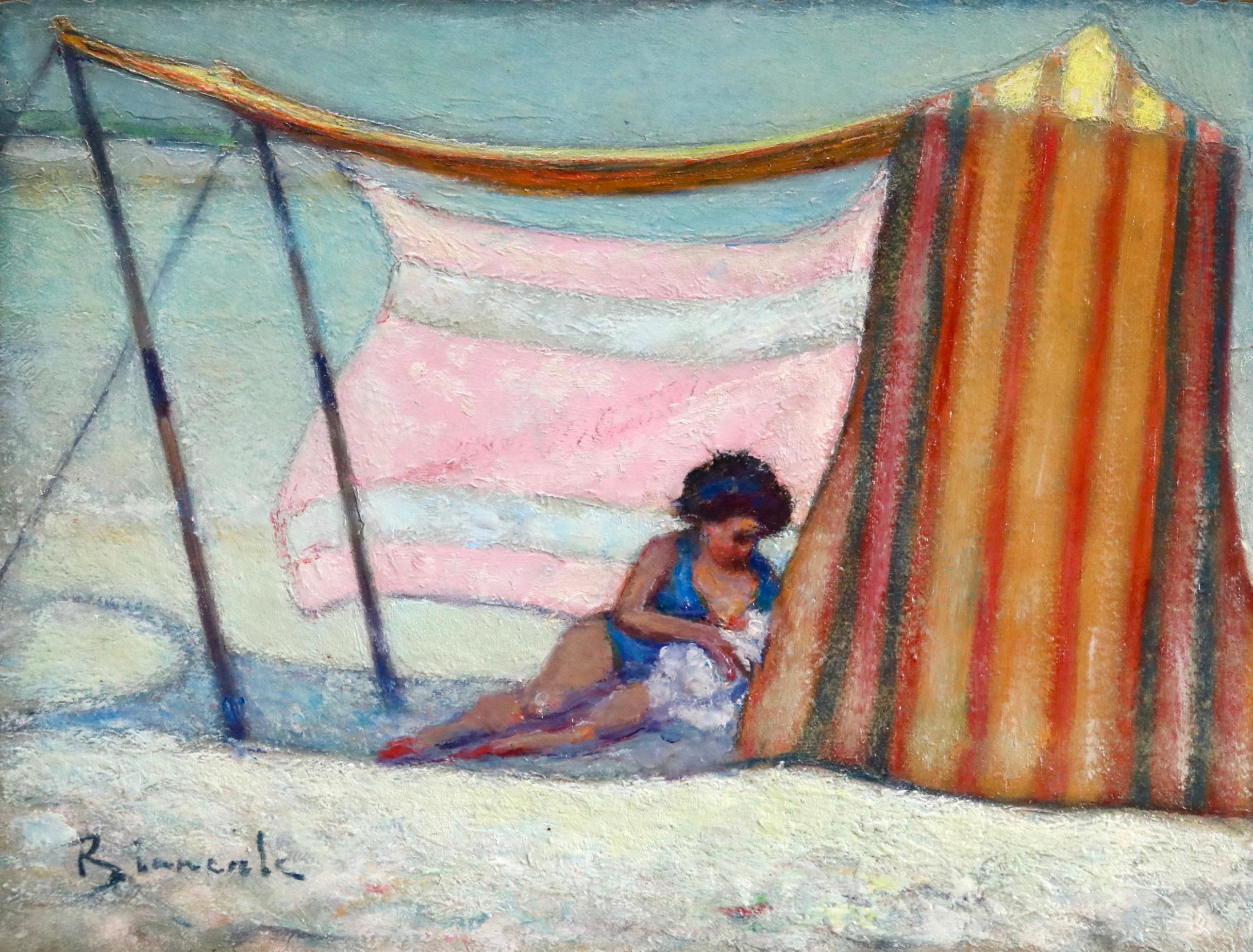 Bernardo Biancale Figurative Painting - Mere et enfant sur la plage - Post Impressionist, Figures on Beach - B Biancale
