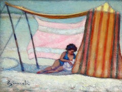 Vintage Mere et enfant sur la plage - Post Impressionist, Figures on Beach - B Biancale