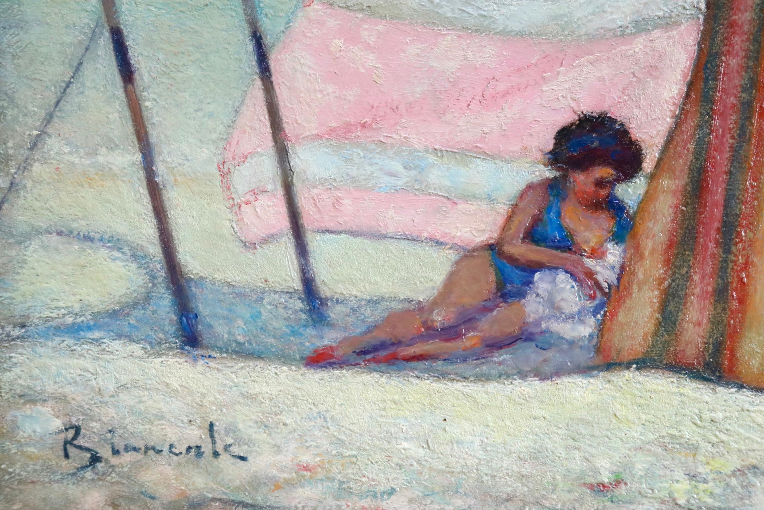Mere et enfant sur la plage - Post Impressionist, Figures on Beach - B Biancale - Post-Impressionist Painting by Bernardo Biancale