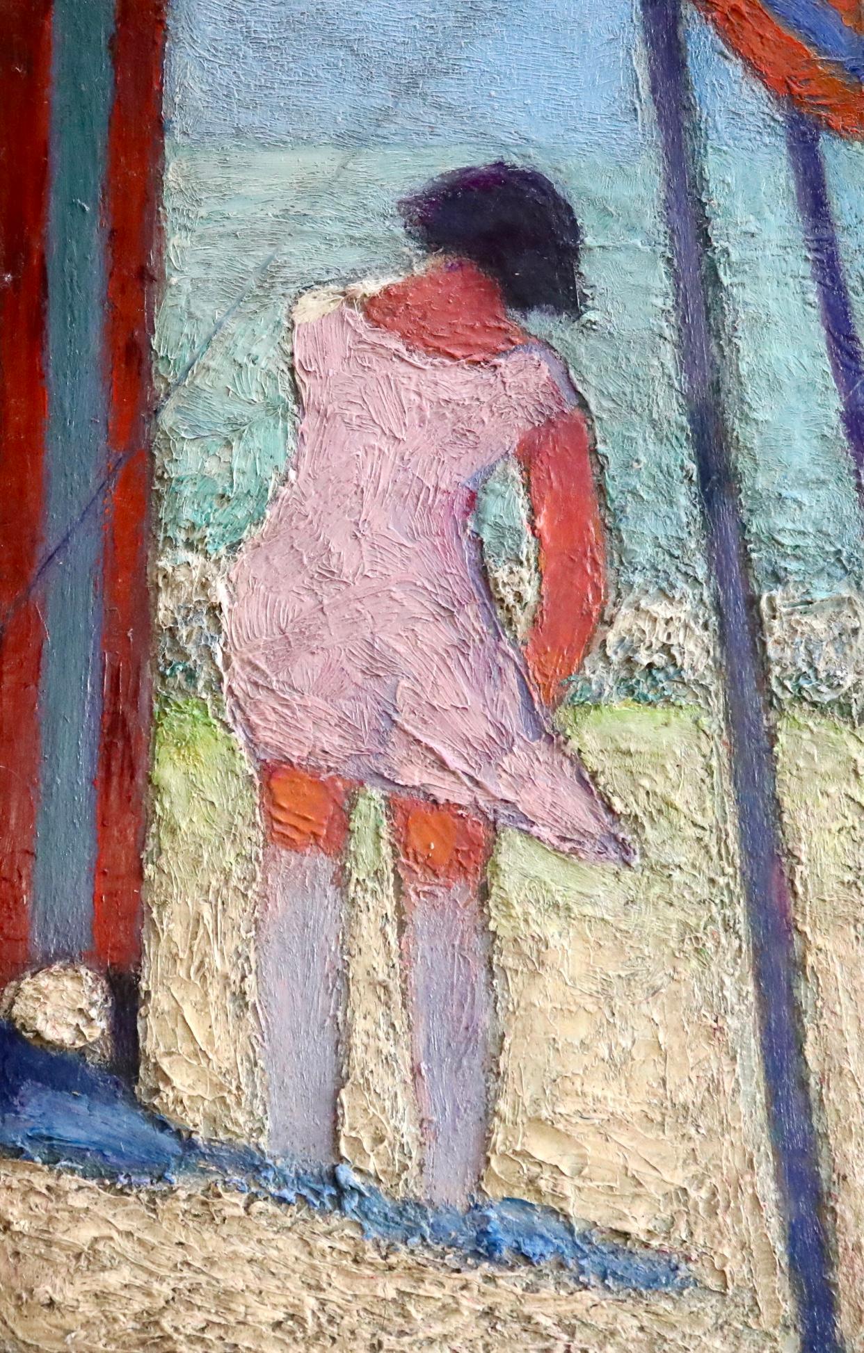 Bernardo Biancale Figurative Painting - Femme sur la plage - Post Impressionist Oil, Woman at the Beach by B Biancale