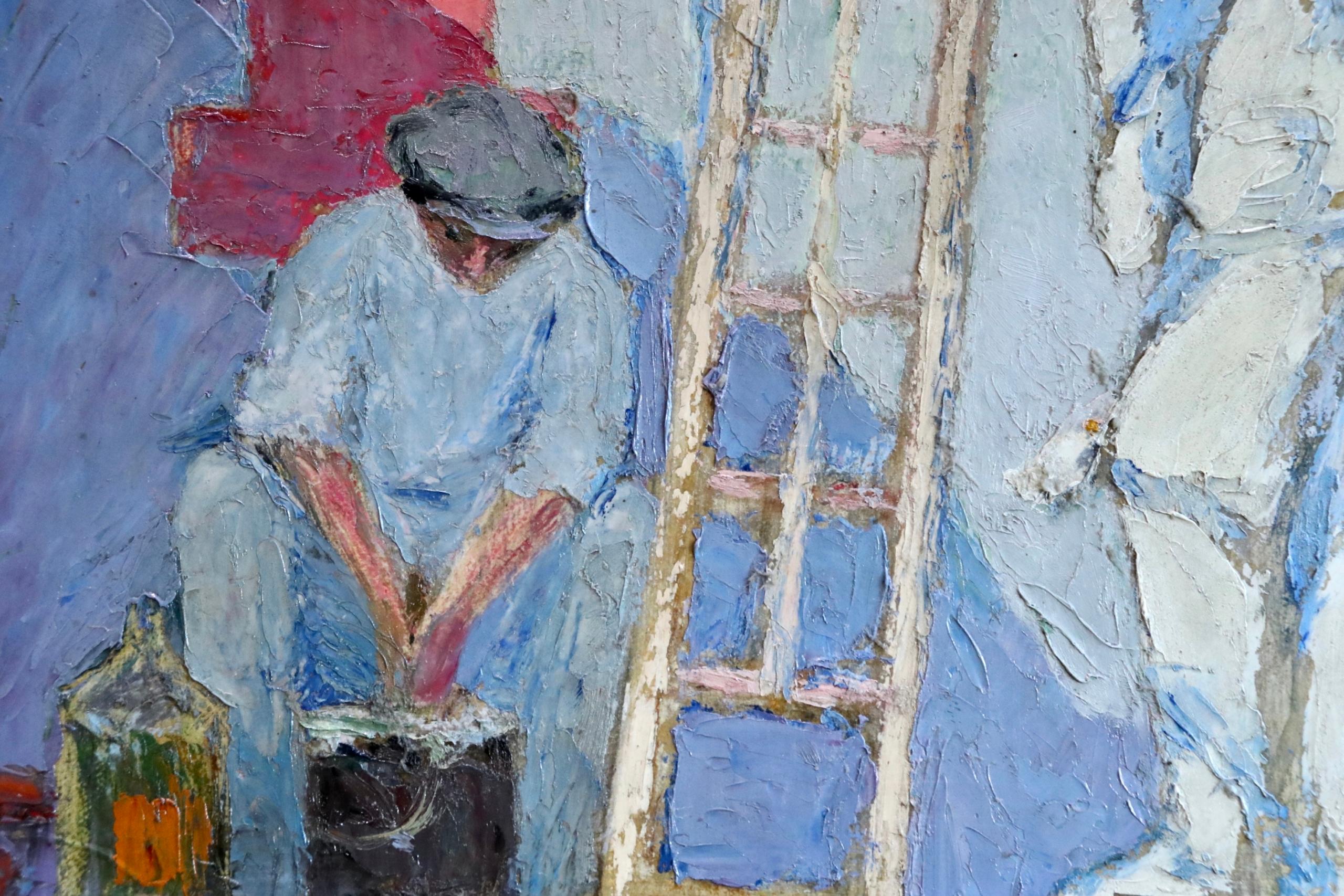 Oil on board by Italian post impressionist painter Bernardo Biancale depicting two men painting the outside of house - one prepares the paint while the other holds the ladder. The piece is beautifully coloured, in particular the blue of the shadows