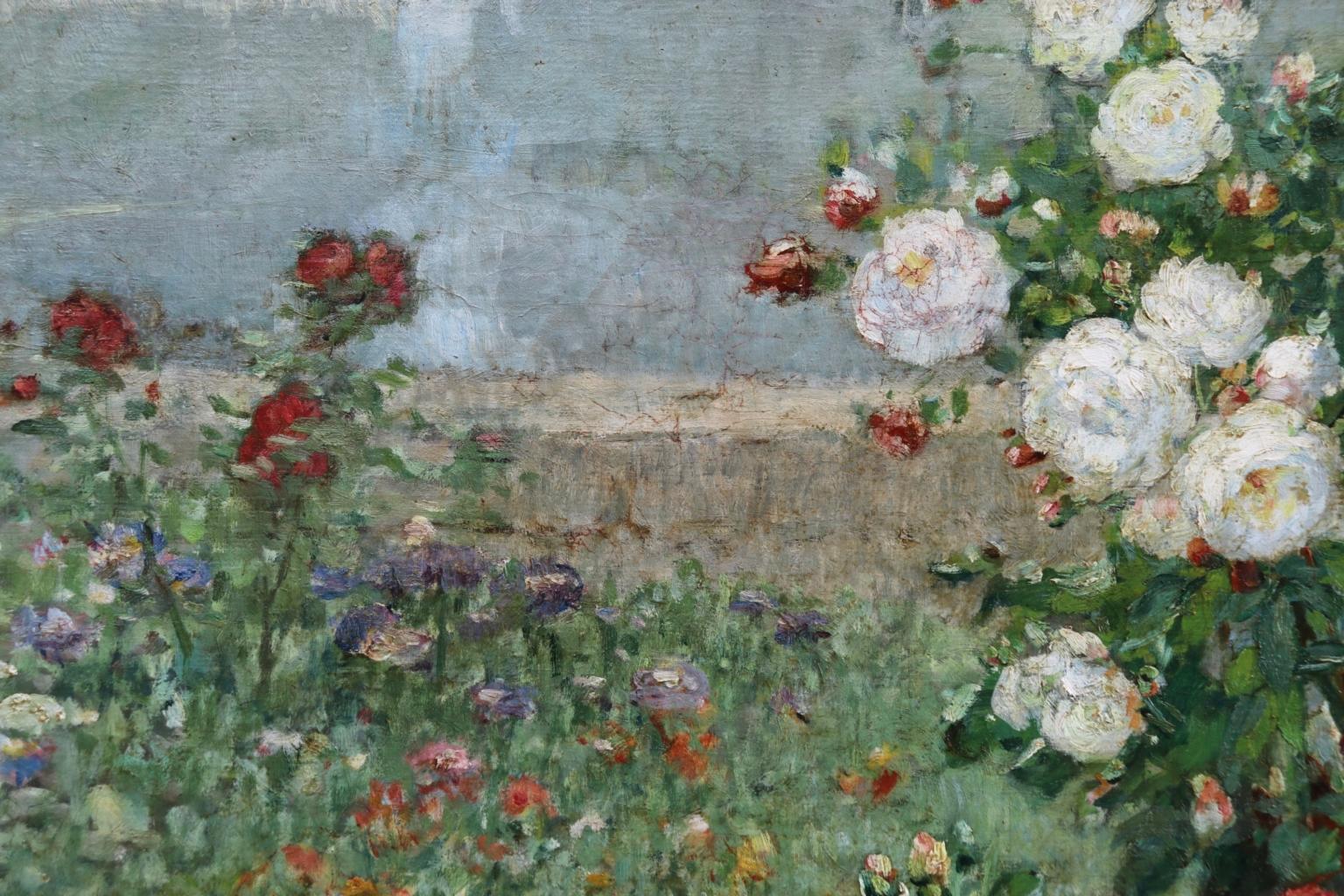 Oil on original canvas by Ernest Quost depicting rose bushes in a landscape by French painter, Ernest Quost. Signed lower left. Framed dimensions are 36 inches high by 44 inches wide.

Painter, pastellist. Landscapes, urban landscapes, landscapes