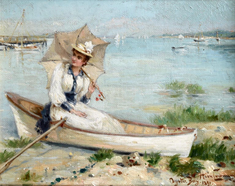 Oil on canvas by Heva Coomans depicting an elegant woman seated in a small rowing boat holding a parasol. Signed, titled and dated 1891 lower right. Framed dimensions are 7.5 inches high by 8.5 inches wide.
Provenance:
Private French
