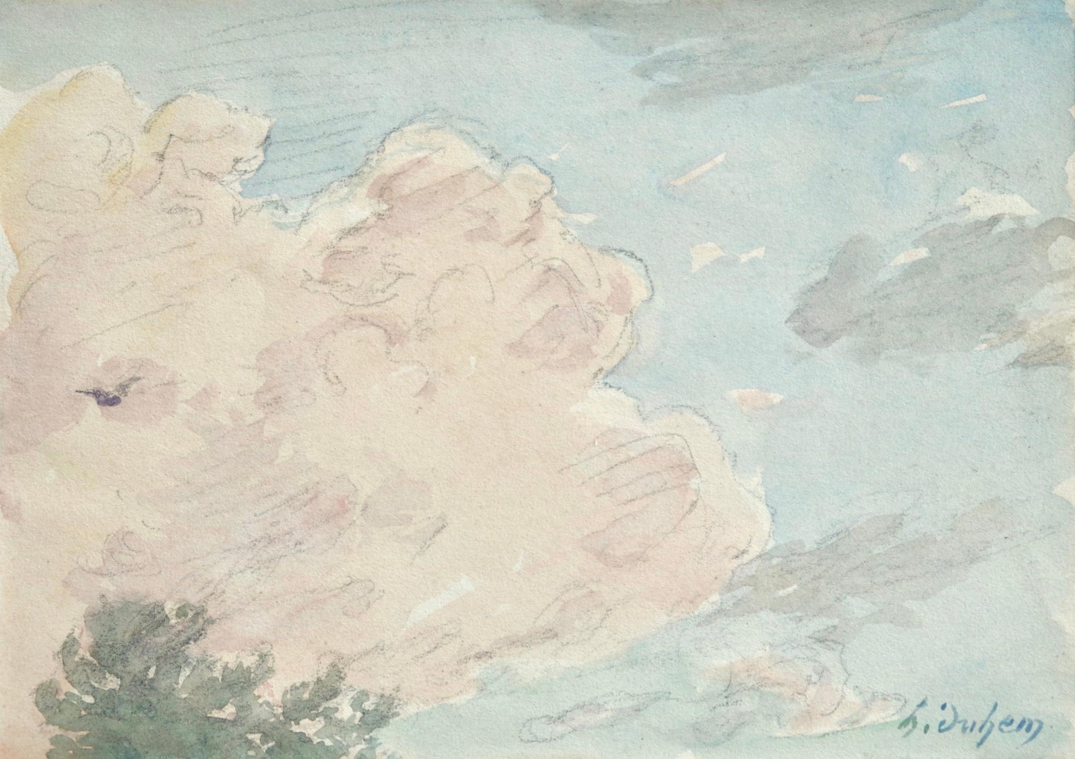 A lovely study of clouds circa 1910 by French Impressionist painter Henri Duhem. Just the top of a tree can be seen and a bird flying overhead. Signed lower right. The artist's notes to the painting are detailed on the reverse. This piece is not