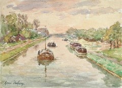 Barges sur canal - French Impressionist Watercolour, Boats in Landscape by Duhem