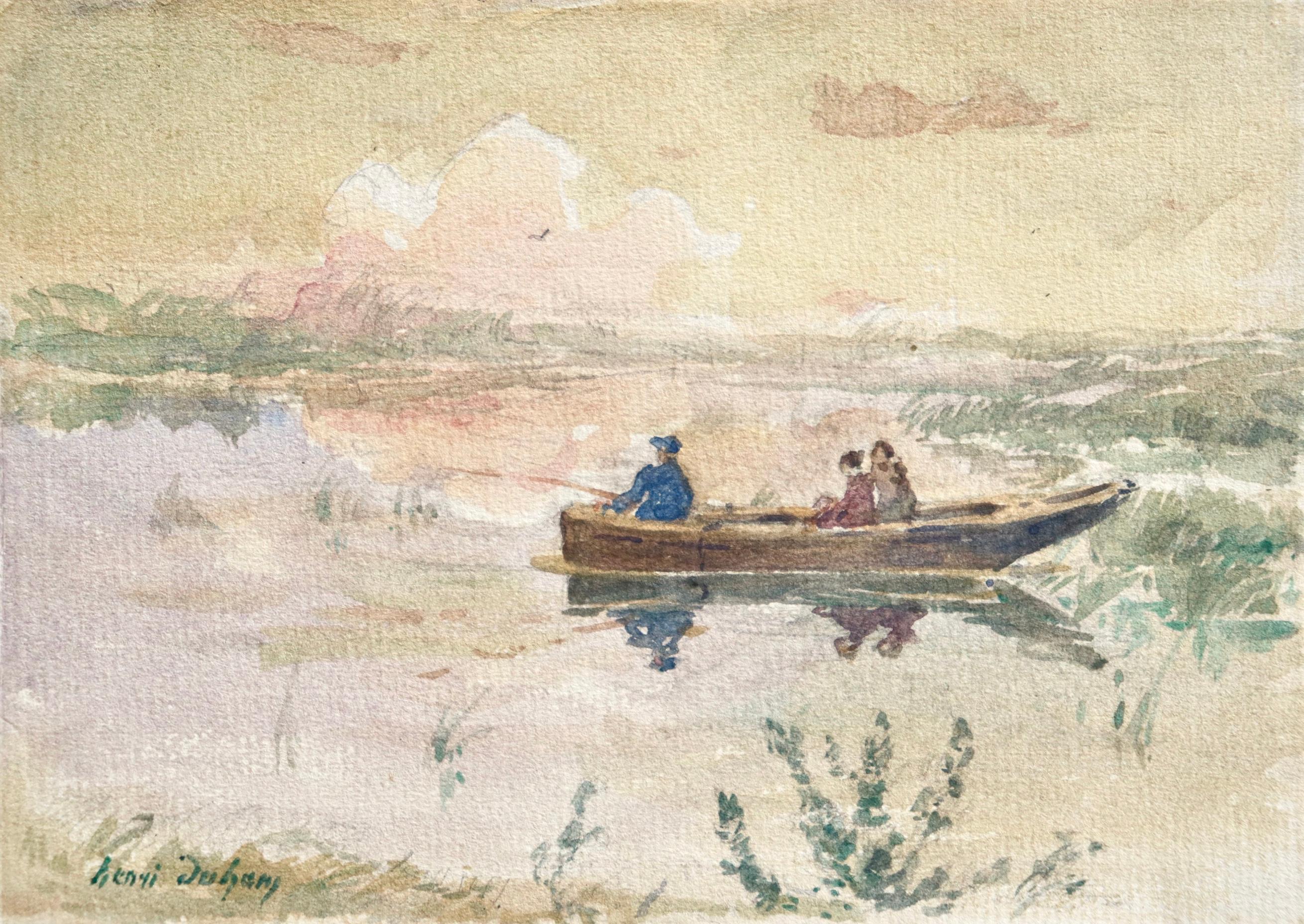 Aquarell auf Papier um 1910, aber Französisch impressionistischen Maler Henri Duhem Darstellung von Figuren in einem Boot mit einem hält eine Angelrute. Das Licht ist schwach und die Wolken spiegeln sich im Wasser. Signiert unten links. Dieses Stück