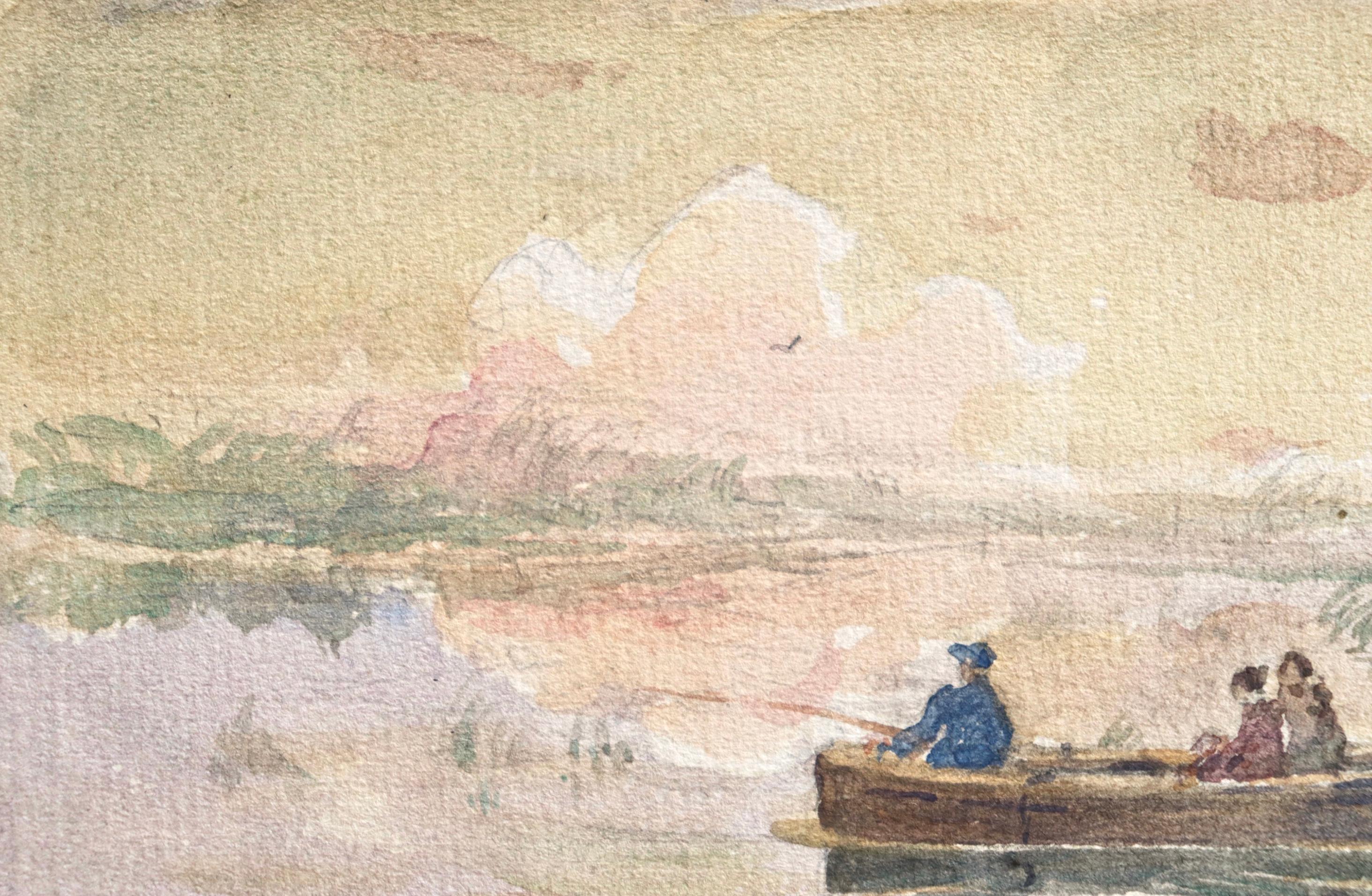 Watercolour on paper circa 1910 but French Impressionist painter Henri Duhem depicting figures in a boat with one holding a fishing rod. The light is low and the clouds are reflecting in the water. Signed lower left. This piece is not currently