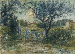 Aquarelle impressionniste française La Porte, paysage par Moonlight d'Henri Duhem