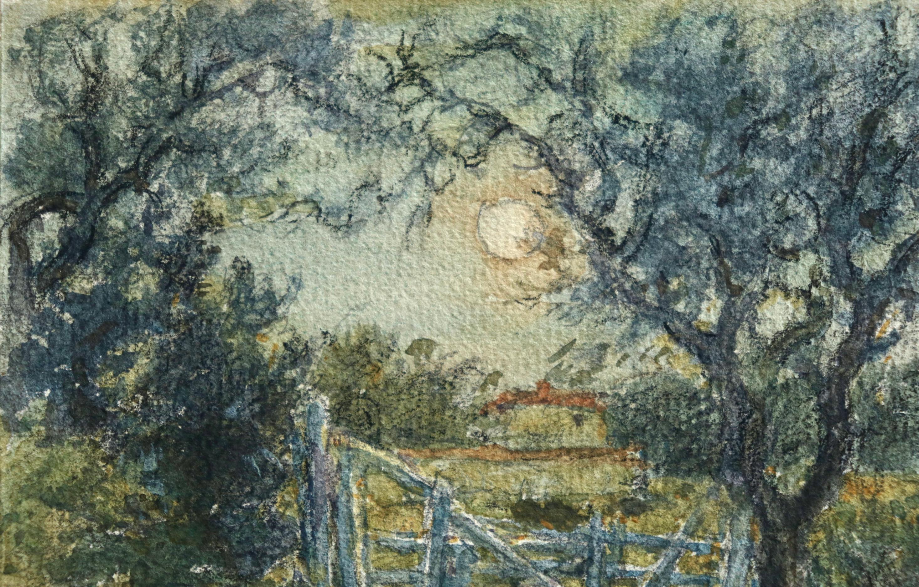 La Porte - Französisches impressionistisches Aquarell, Landschaft von Moonlight - Henri Duhem im Angebot 1