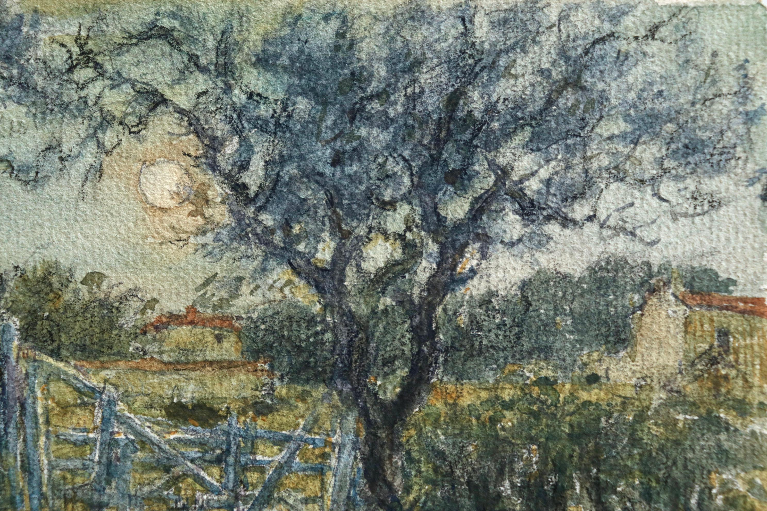 La Porte - Französisches impressionistisches Aquarell, Landschaft von Moonlight - Henri Duhem im Angebot 4