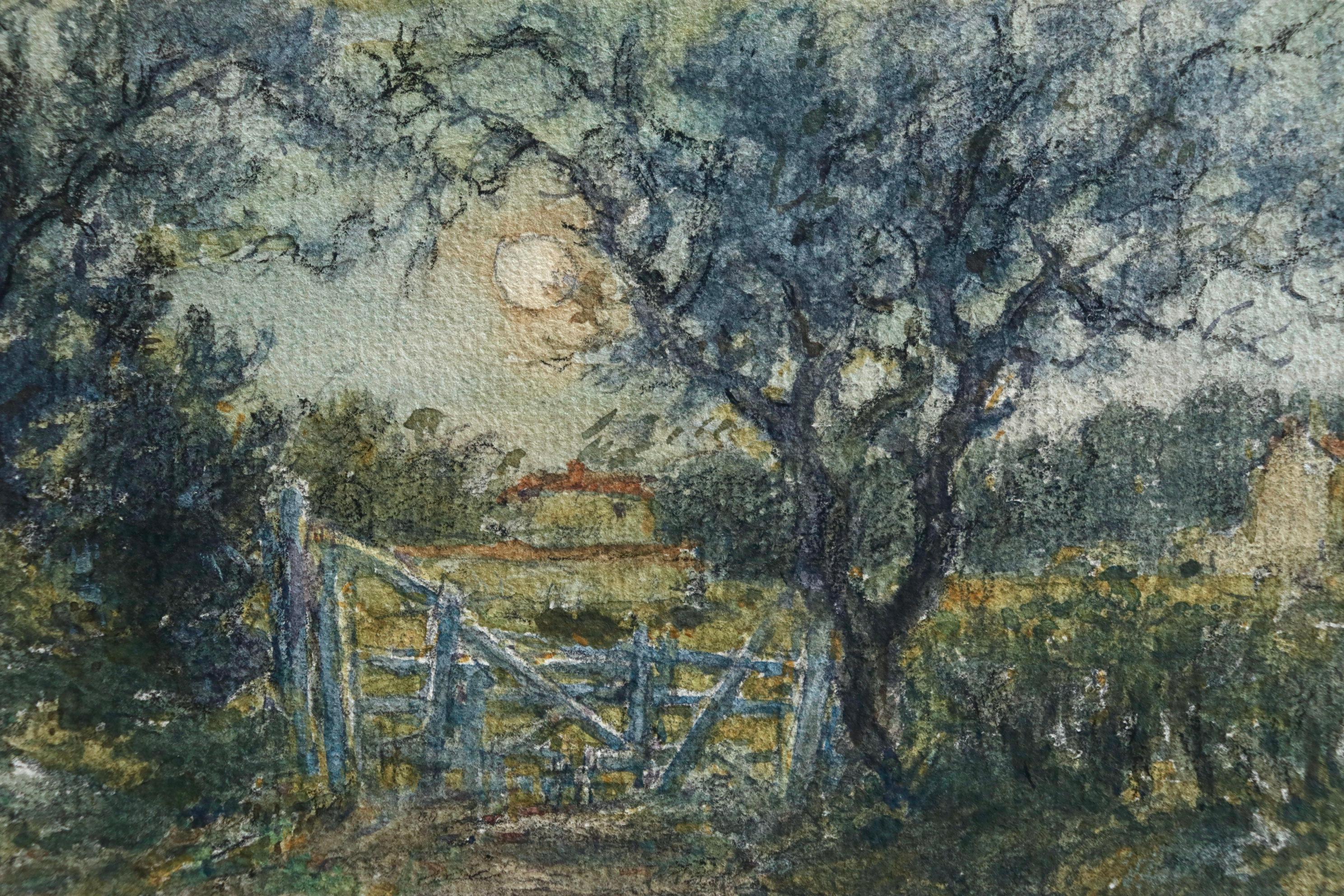 La Porte - Französisches impressionistisches Aquarell, Landschaft von Moonlight - Henri Duhem im Angebot 5