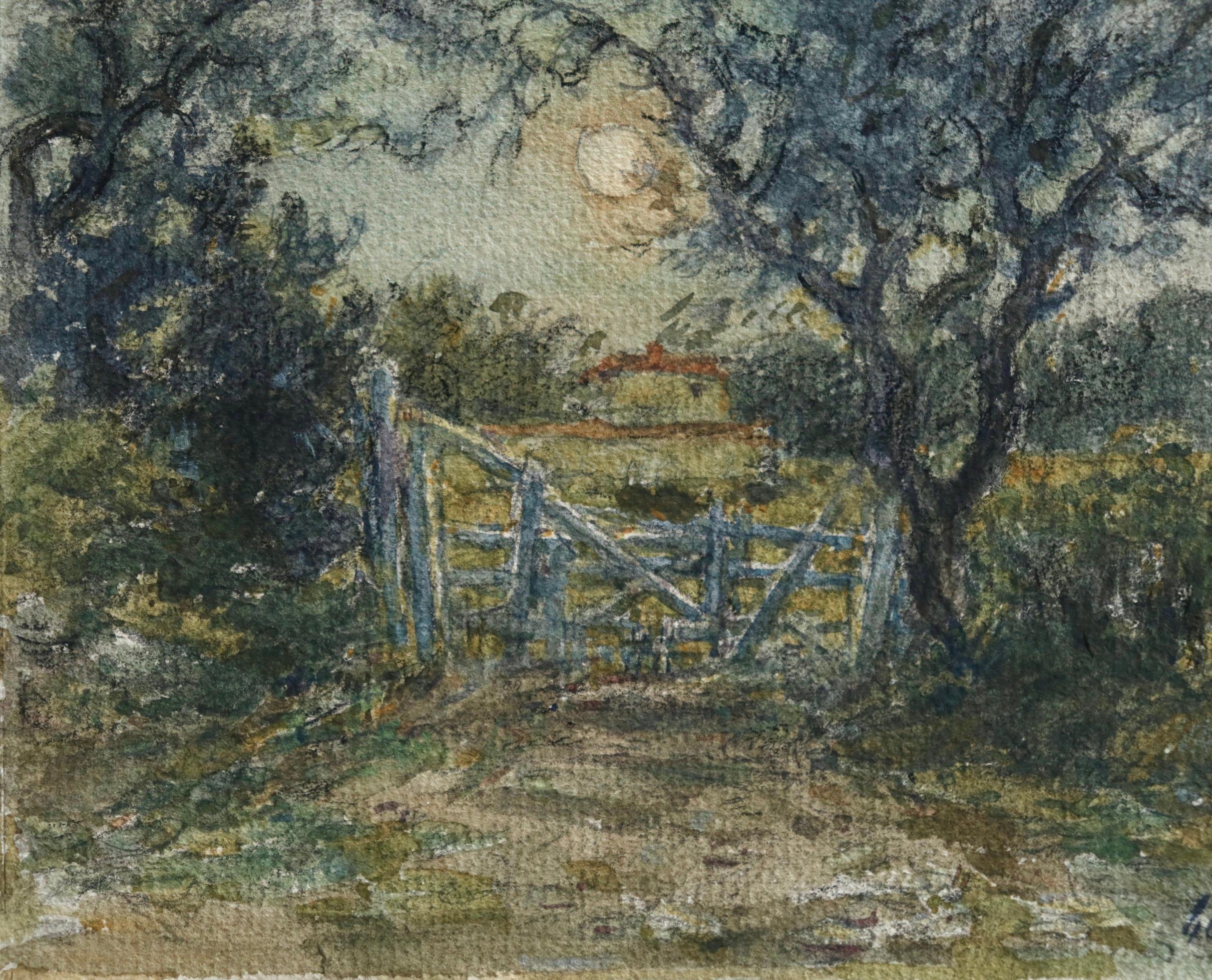 La Porte - Französisches impressionistisches Aquarell, Landschaft von Moonlight - Henri Duhem im Angebot 7