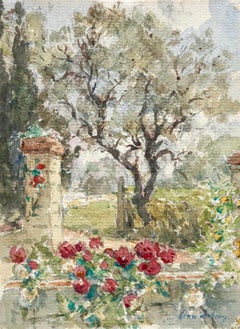 Antique Roseraie - French Impressionist Watercolour, Flowers in Landscape by Henri Duhem