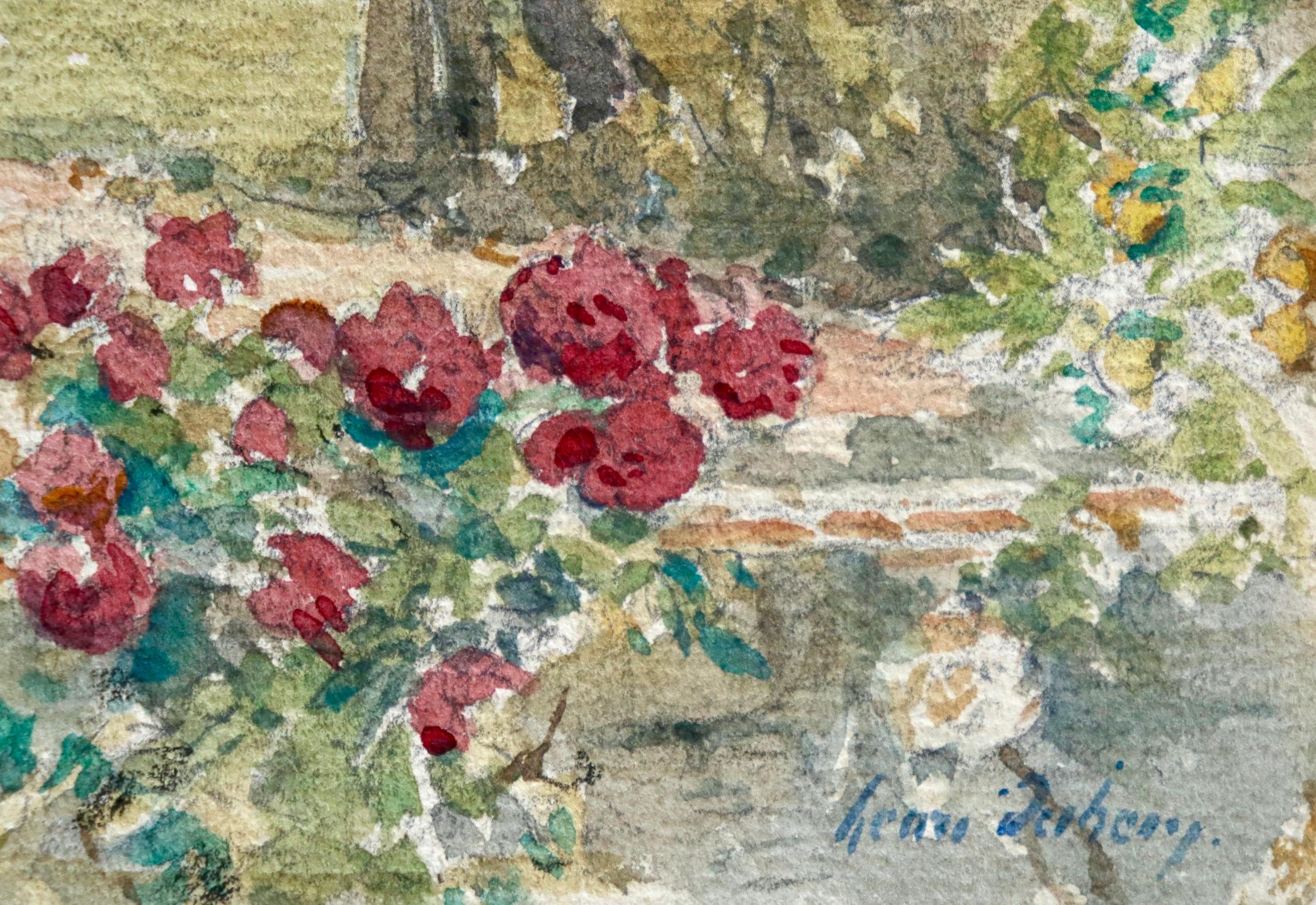 Watercolour on paper circa 1910 by French Impressionist painter Henri Duhem, depicting roses lining a garden wall with trees and landscape beyond. Signed lower right. This piece is not currently framed but a suitable frame can be sourced if