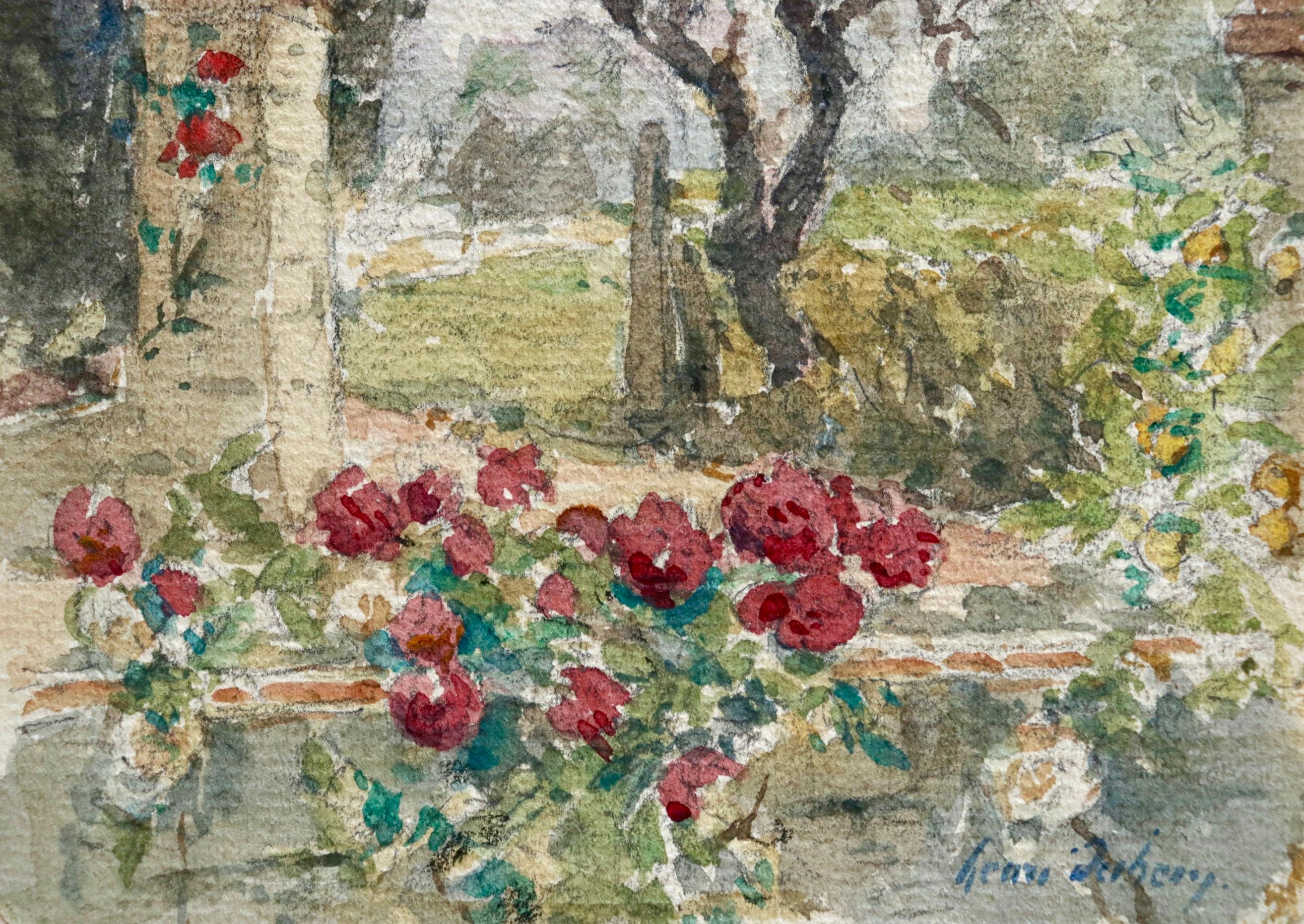 Roseraie - French Impressionist Watercolour, Flowers in Landscape by Henri Duhem 1