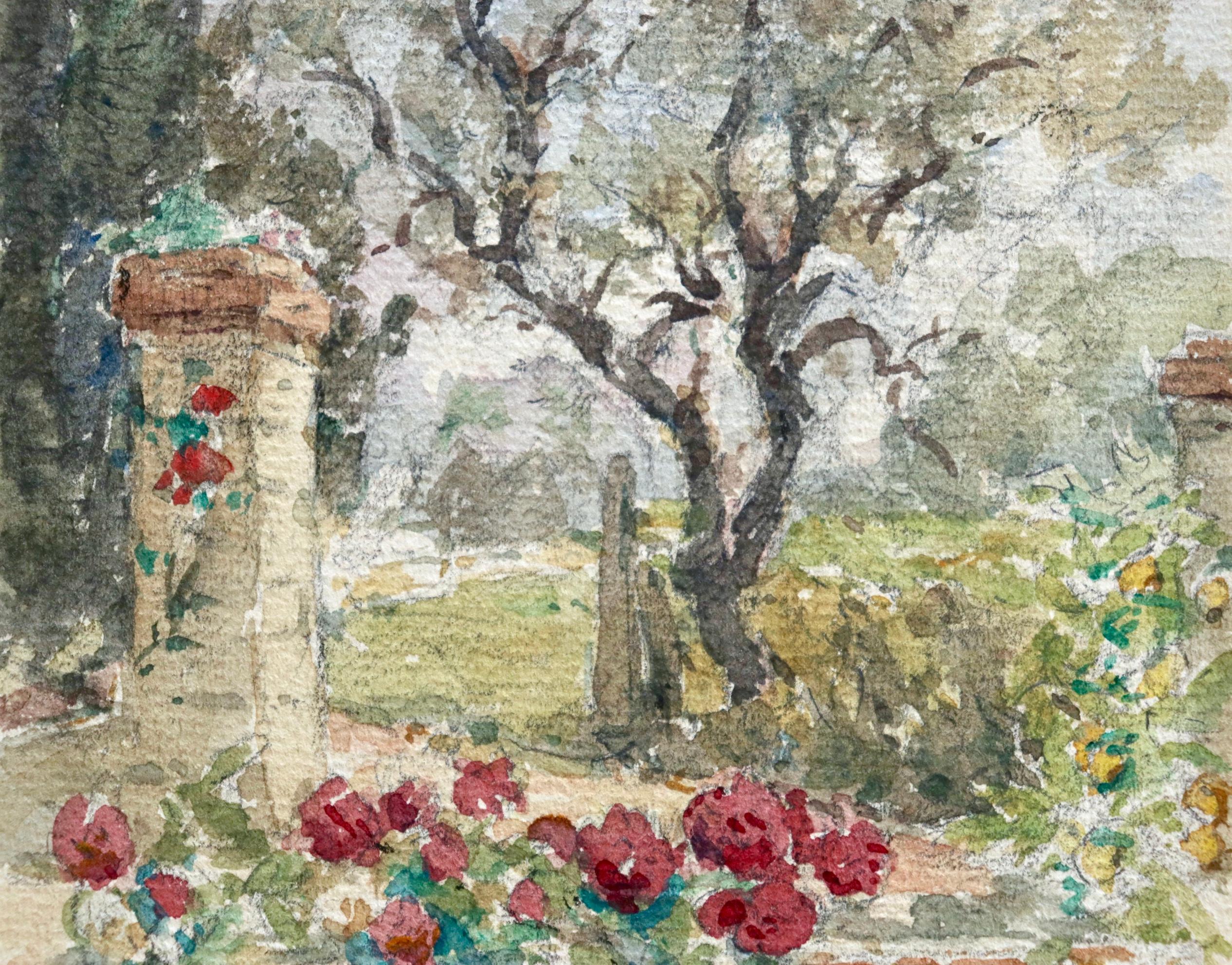 Roseraie - French Impressionist Watercolour, Flowers in Landscape by Henri Duhem 3