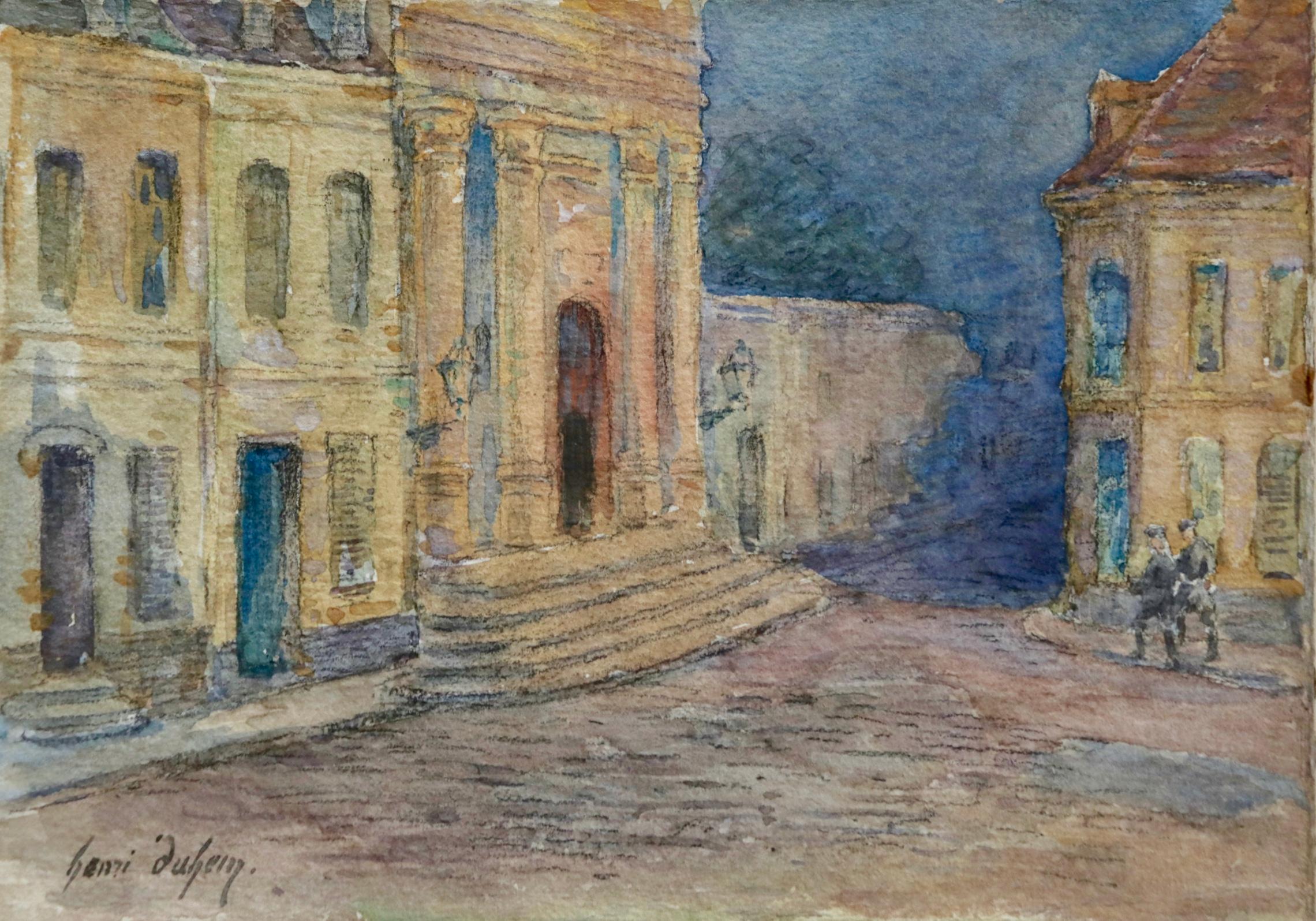 La ville la nuit – Französisches impressionistisches Aquarell, Stadt bei Nacht von H Duhem, La ville la nuit