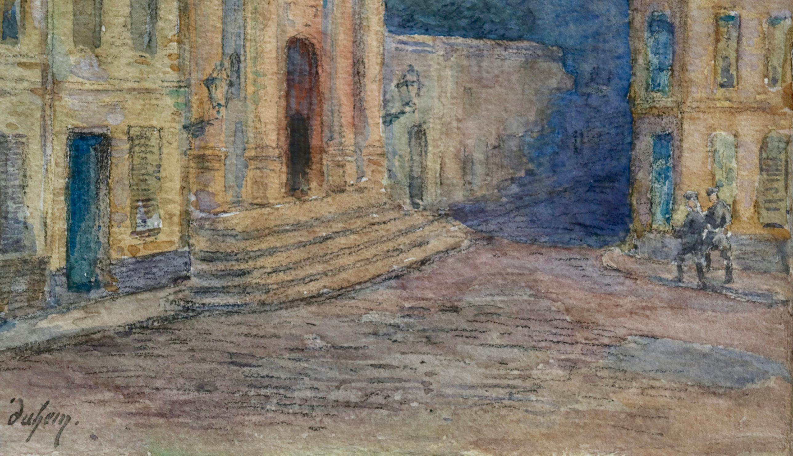 Watercolour on card circa 1915 by French Impressionist painter Henri Duhem depicting two soldiers walking through an empty town square at night. Signed lower left. This piece is not currently framed but a suitable frame can be sourced if