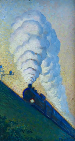 The Train - 19th Century Oil, Steam Train in Night Landscape by Louise Thuillier