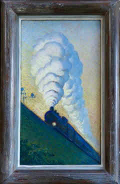 The Train - 19th Century Oil, Steam Train in Night Landscape by Louise Thuillier