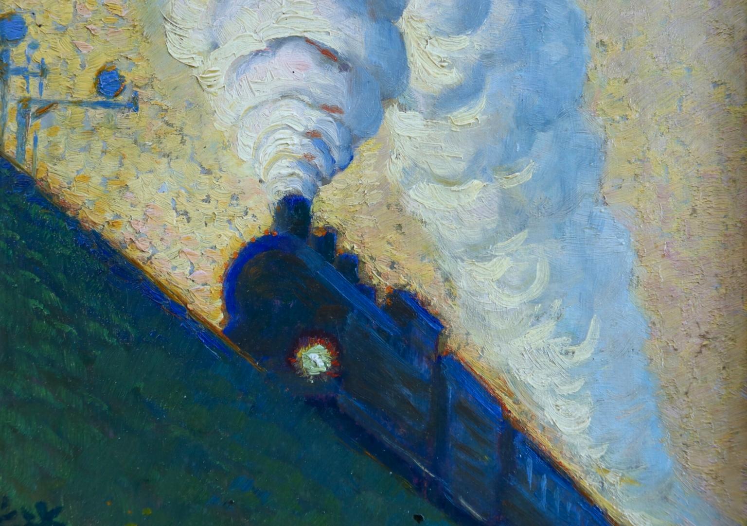 The Train - 19th Century Oil, Steam Train in Night Landscape by Louise Thuillier 5