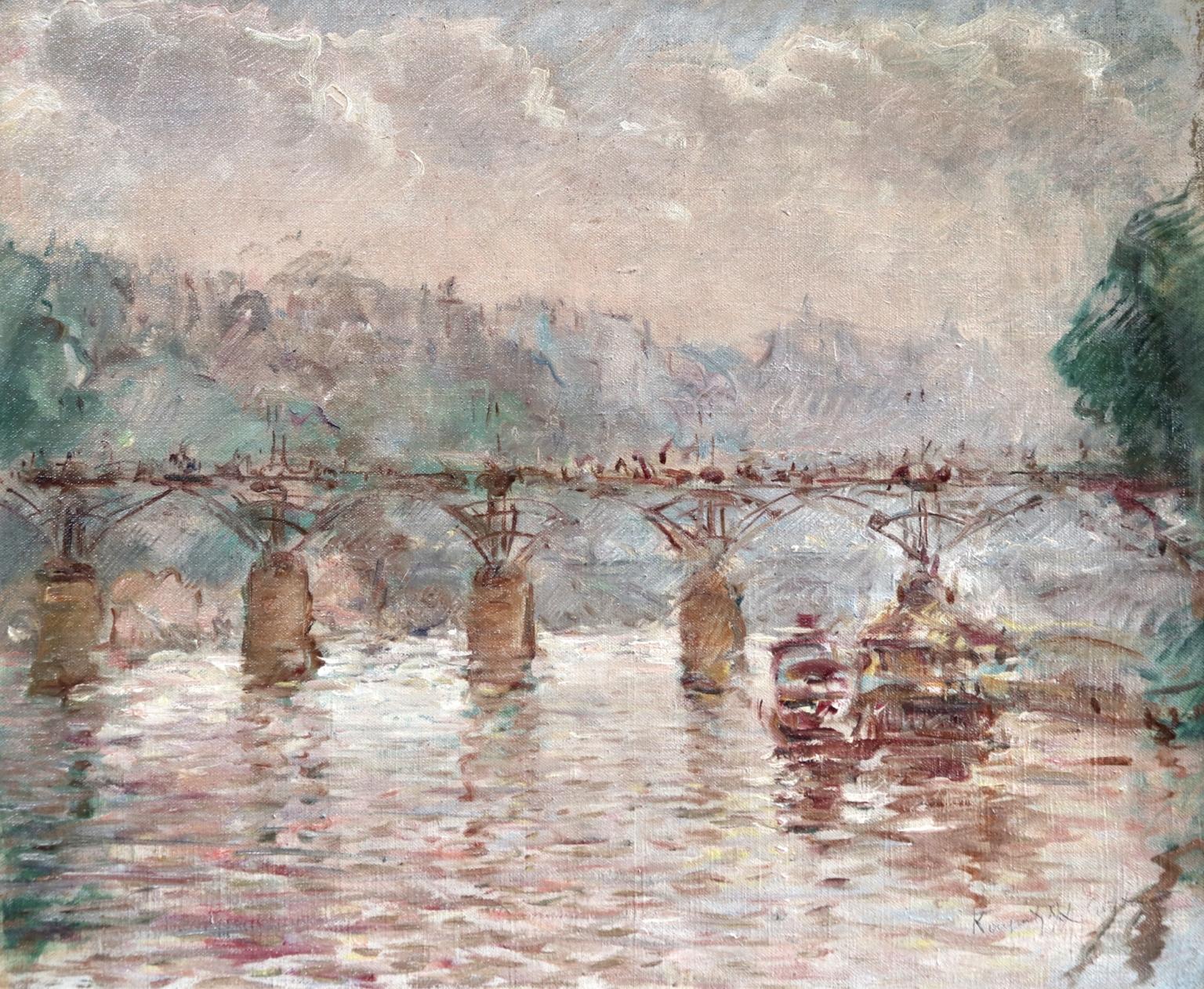 A beautifully painted oil on canvas by Russian painter Constantin Kousnetsoff depicting boats sailing along the River Seine, Paris under the Ponts des Arts bridge on a cloudy day. Signed lower right. Framed dimensions are 31 inches high by 36 inches