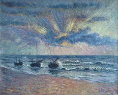 Coucher de Soleil - St Guenole, Brittany - Impressionst Oil, Seascape by B Klene