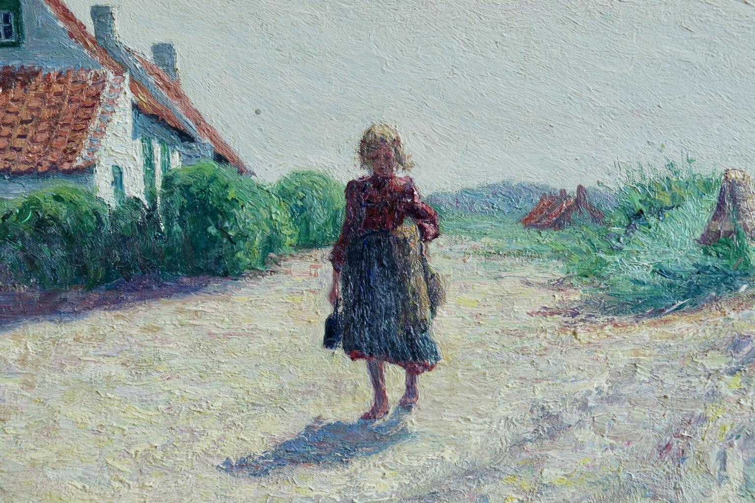 A charming oil on canvas circa 1905 by Dutch painter Bernardus Henricus Klene depicting a young girl by a cottage on a bright sunny day. Signed lower right. This painting is not currently framed but a suitable frame can be sourced if