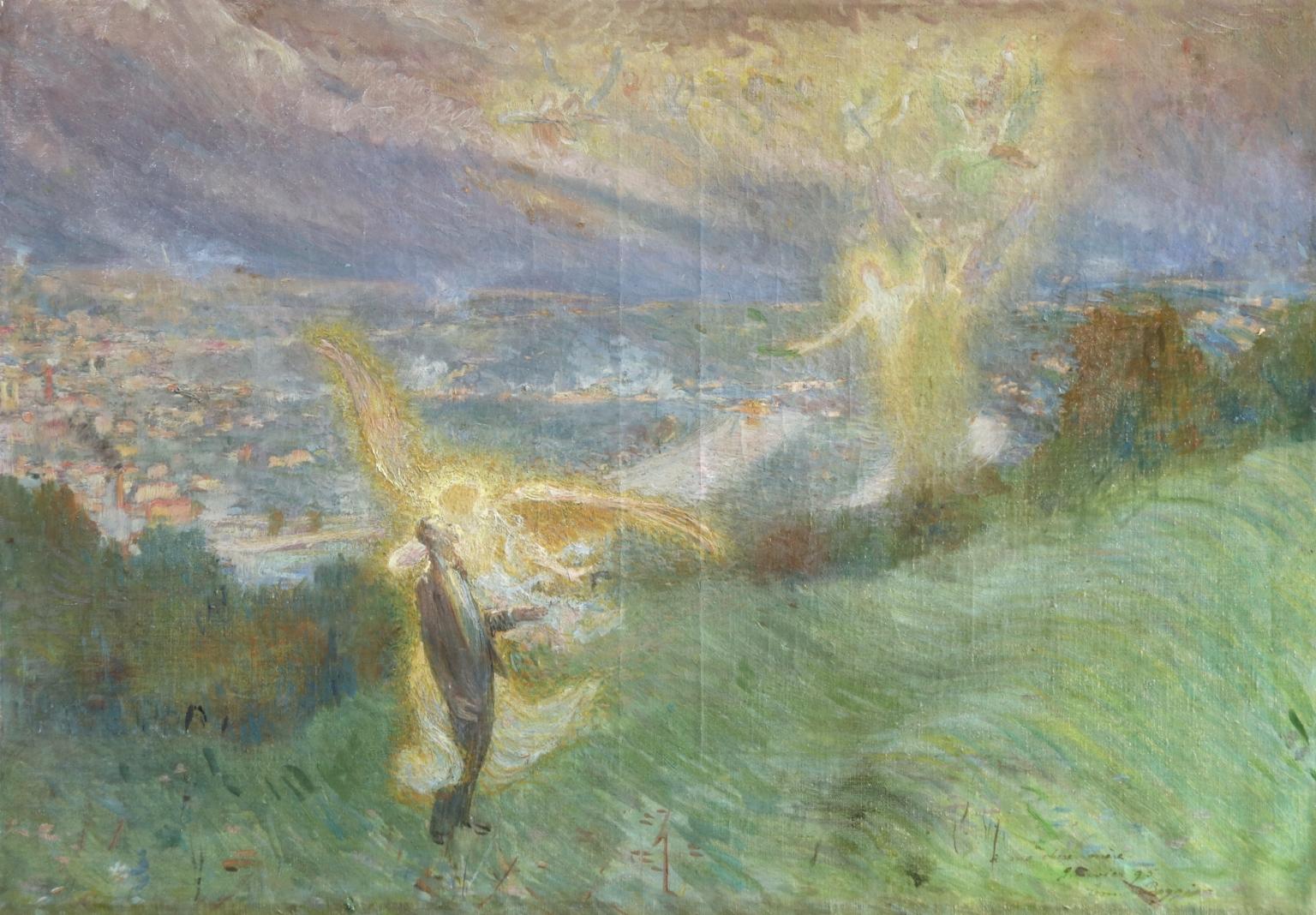 Figurative Painting Emilio Boggio - « The Kiss of an Angel » (La bague d'un ange) - Huile symboliste du XIXe siècle, figures dans un paysage - Boggio