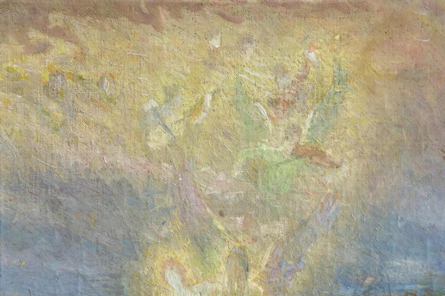 « The Kiss of an Angel » (La bague d'un ange) - Huile symboliste du XIXe siècle, figures dans un paysage - Boggio - Gris Figurative Painting par Emilio Boggio