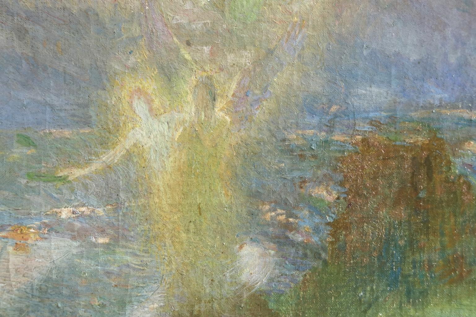 Une belle huile symboliste sur panneau du peintre français Emilio Boggio. Une rare huile sur toile de 1895 par Emilio Boggio qui s'inscrit dans sa période de peinture symboliste. L'œuvre représente un ange embrassant un homme au sommet d'une falaise