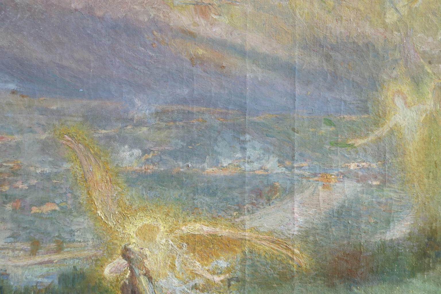 « The Kiss of an Angel » (La bague d'un ange) - Huile symboliste du XIXe siècle, figures dans un paysage - Boggio 5