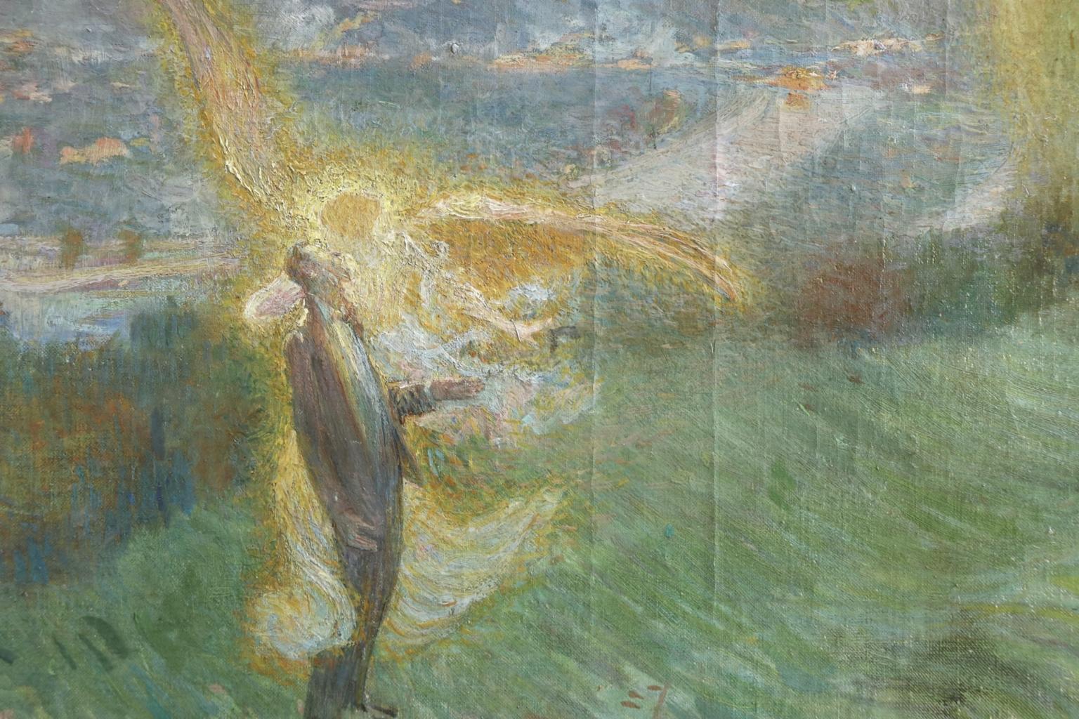« The Kiss of an Angel » (La bague d'un ange) - Huile symboliste du XIXe siècle, figures dans un paysage - Boggio 6