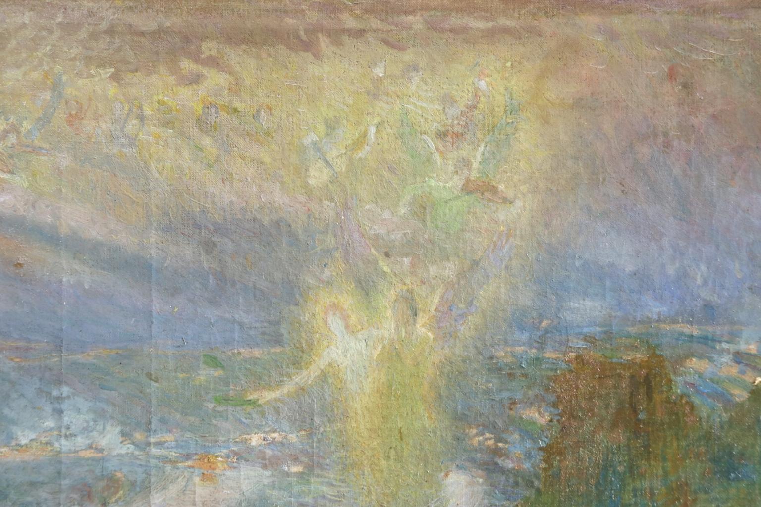 « The Kiss of an Angel » (La bague d'un ange) - Huile symboliste du XIXe siècle, figures dans un paysage - Boggio 7