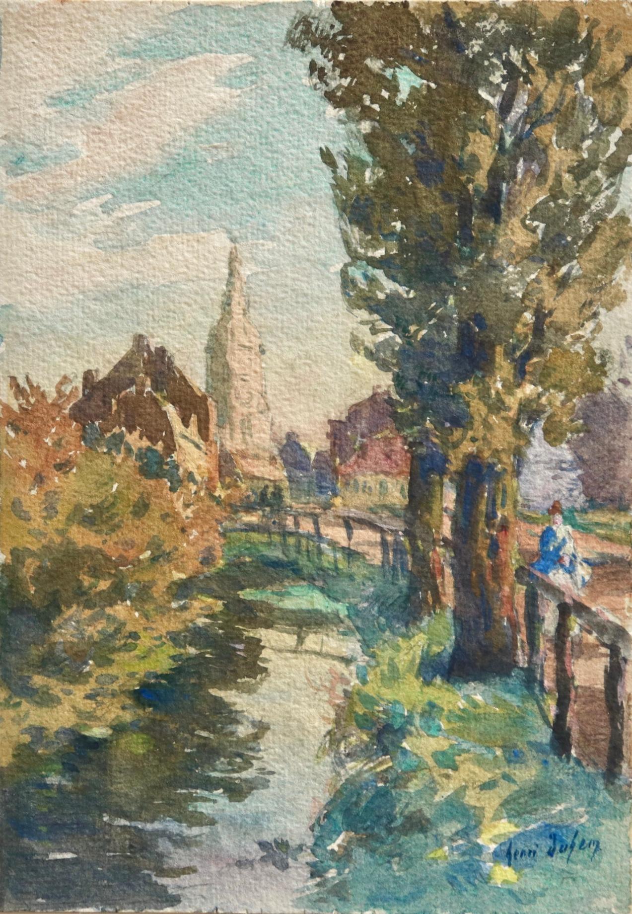 Henri Duhem Landscape Painting - Le Ruisseau - Impressionist Watercolor, Figure by Stream in Landscape by H Duhem