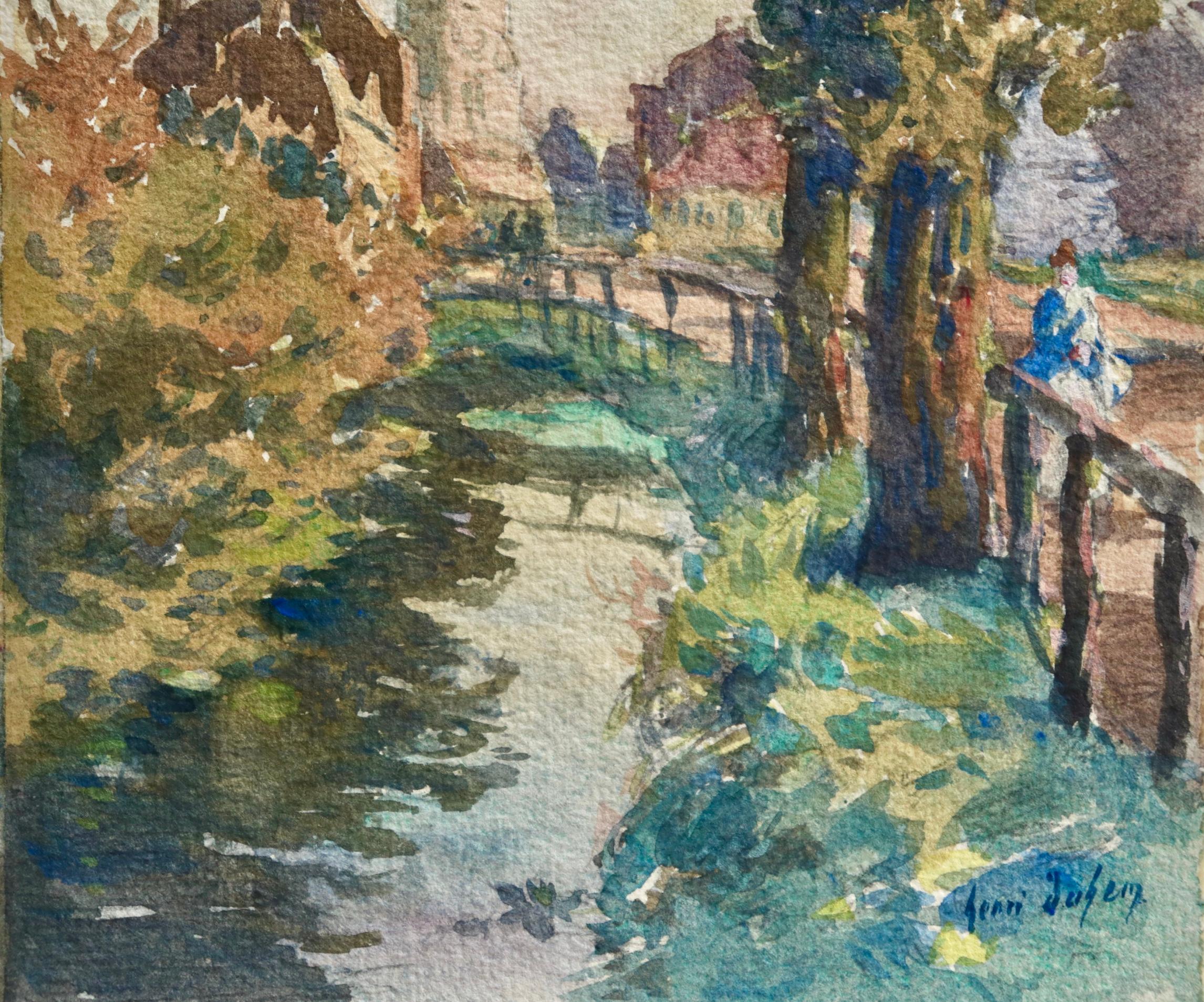 Le Ruisseau - Impressionist Watercolor, Figure by Stream in Landscape by H Duhem - Brown Landscape Painting by Henri Duhem