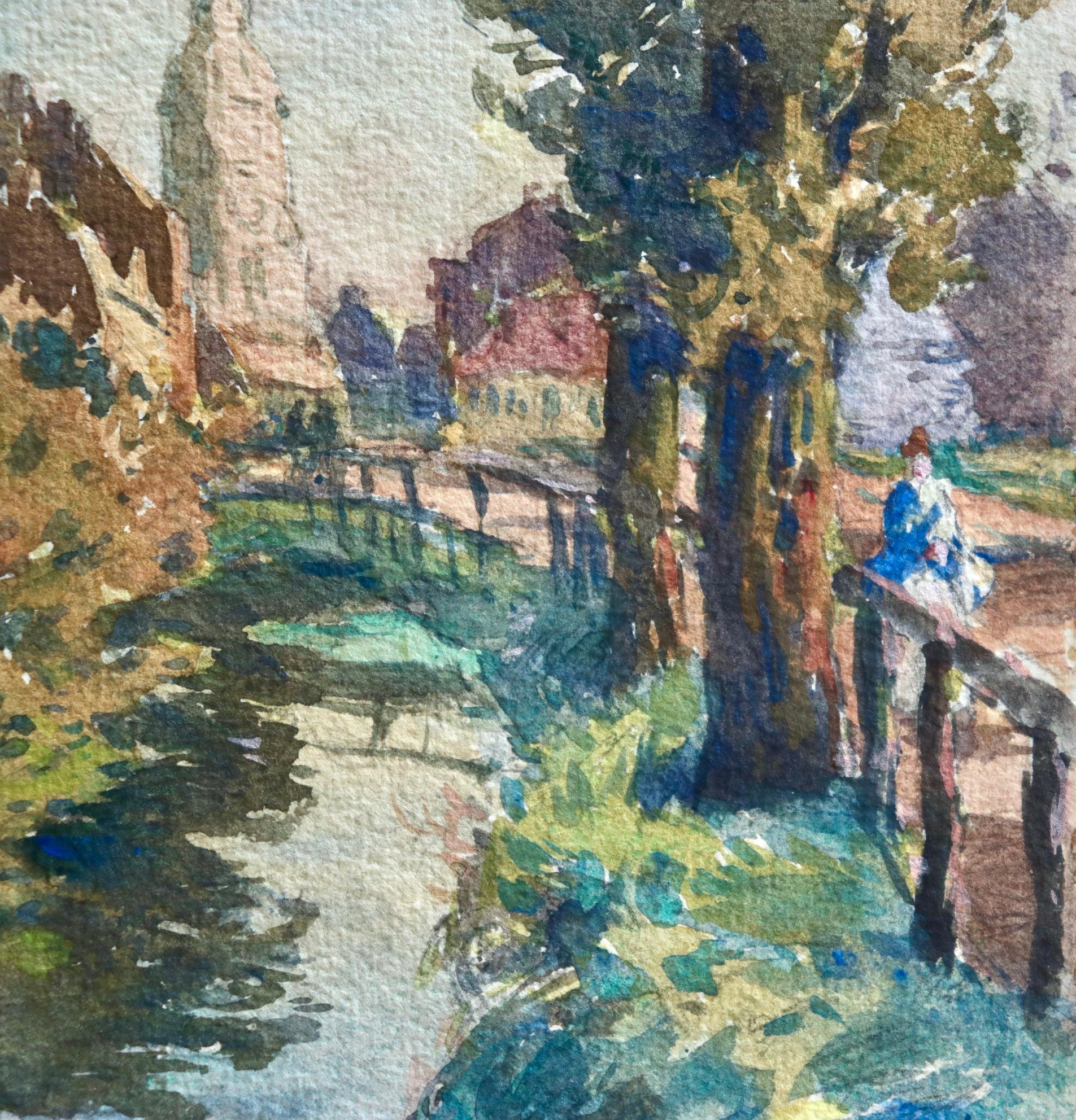 Le Ruisseau - Impressionist Watercolor, Figure by Stream in Landscape by H Duhem For Sale 2