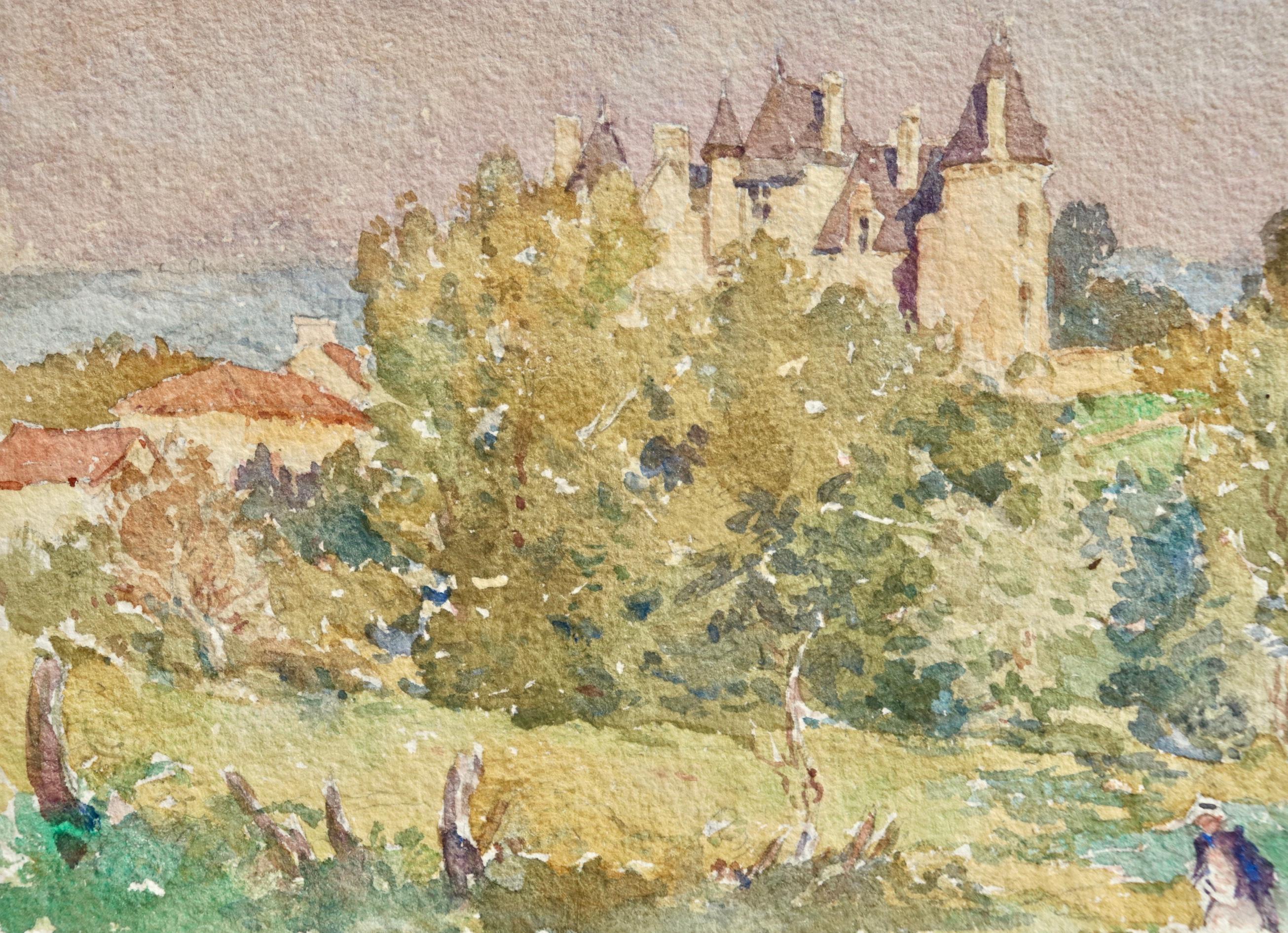 Watercolour on paper circa 1925 by French Impressionist painter Henri Duhem depicting a grand house in a landscape with a lady walking through the field to the foreground and the sea in the distance. Signed lower right. This piece is not currently