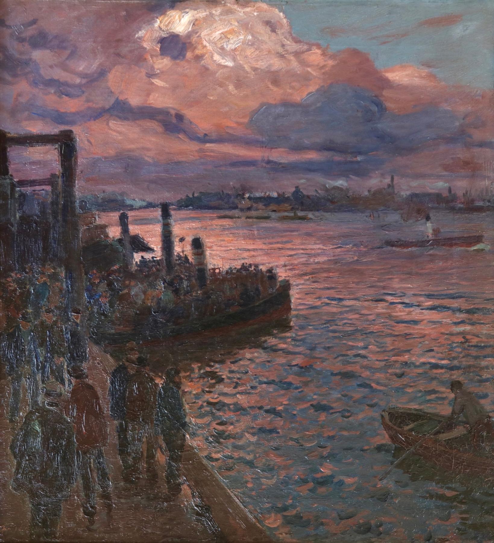 Friedrich Kallmorgen Figurative Painting - Waiting for the Ferry - Hamburg - Impressionist Oil, River at Night - Kallmorgen