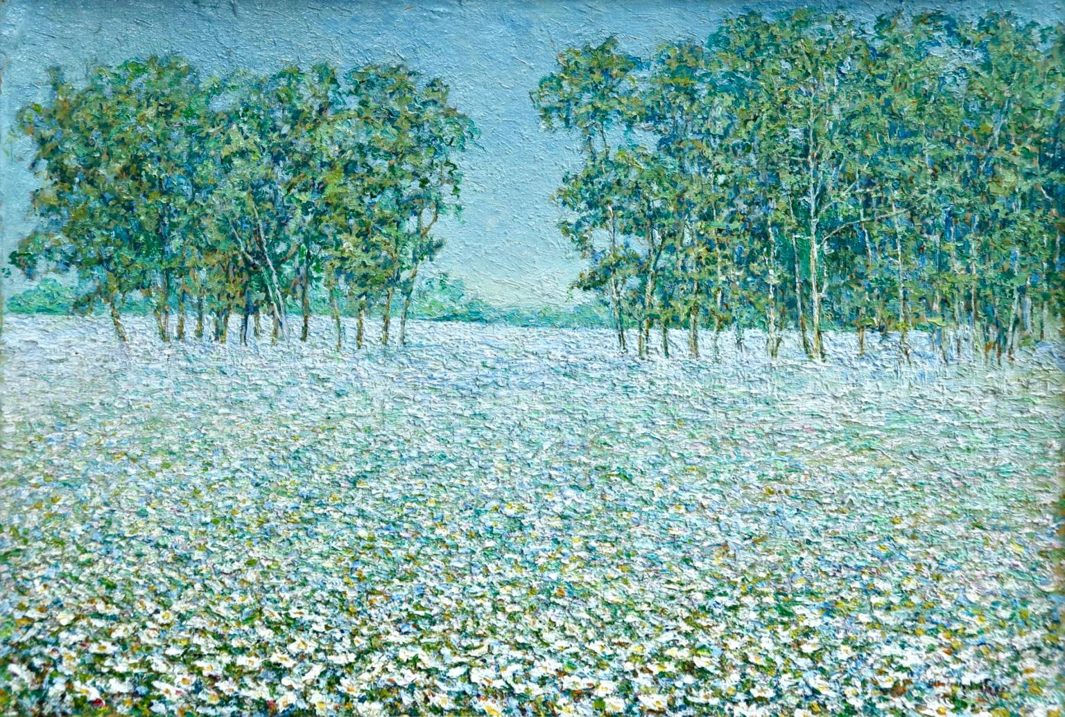 Champ de Fleurs - Impressionist Oil, Trees & Flowers in Landscape by B O Malone - Painting by Blondelle Octavia Malone