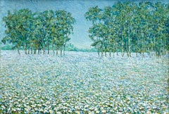 Champ de Fleurs - Impressionistisches Ölgemälde, Bäume und Blumen in Landschaft von B O Malone