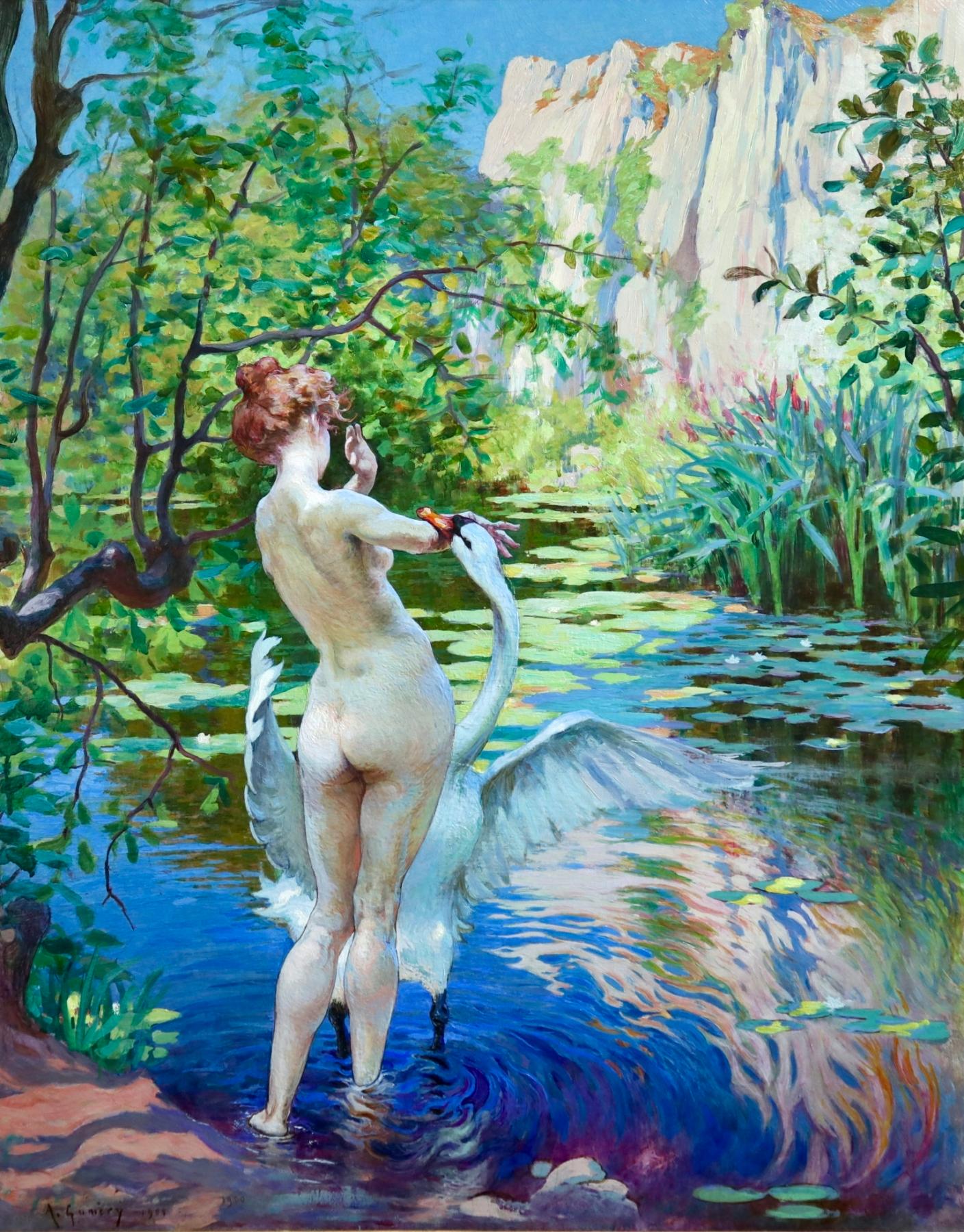 A stunning oil on canvas by French orientalist painter Adolphe Ernest Gumery depicting the story of Leda and the Swan. The subject comes from a story in Greek mythology in which the god Zeus, in the form of a swan, seduces Leda. According to later