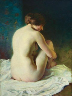 La Baigneuse - Impressionist Oil, Seated Nude in Interior by Adrien Louis Demont