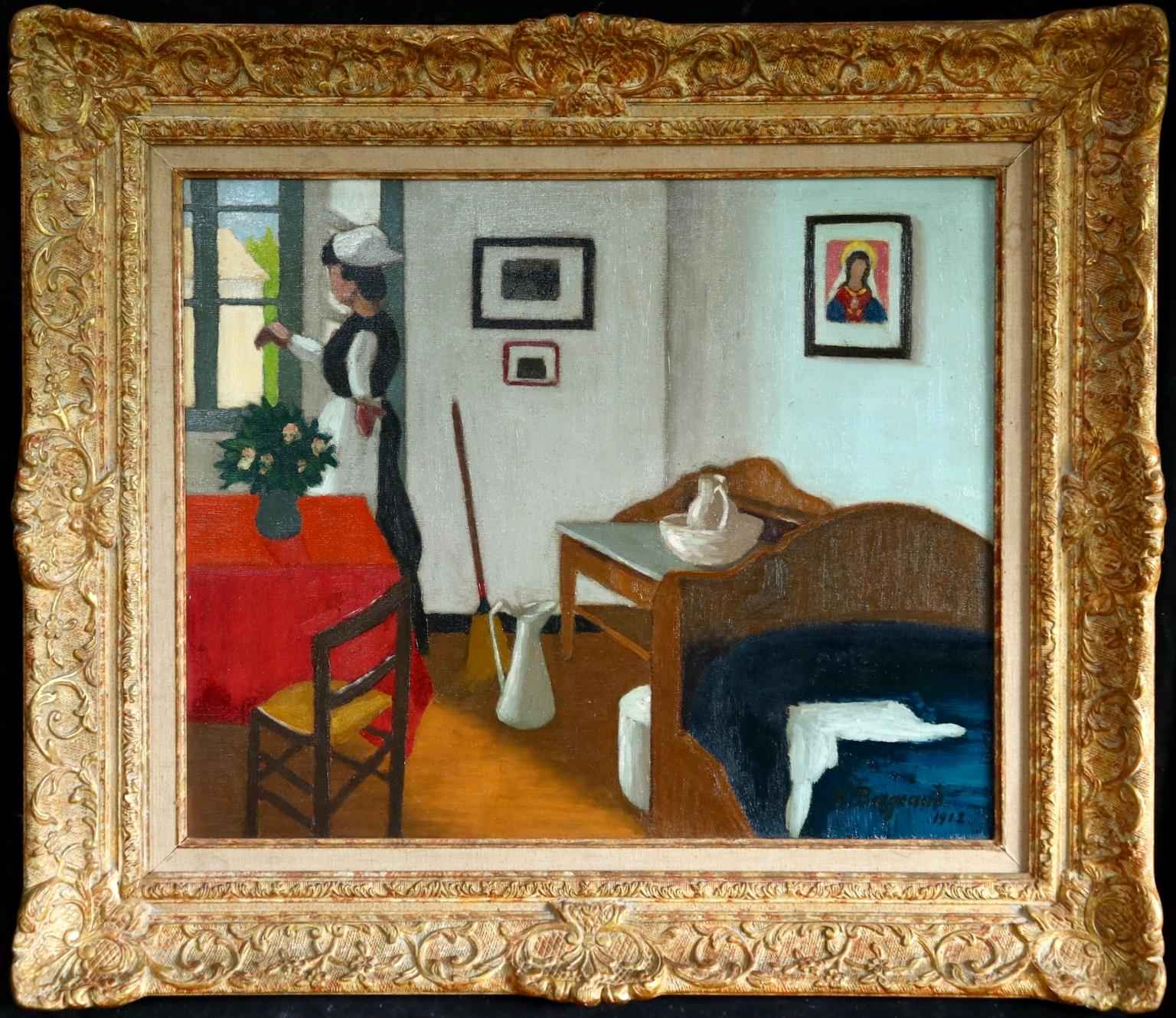 Bonne a la fenetre - Post Impressionist Oil, Figure in Interior by M Borgeaud - Painting by Marius Borgeaud