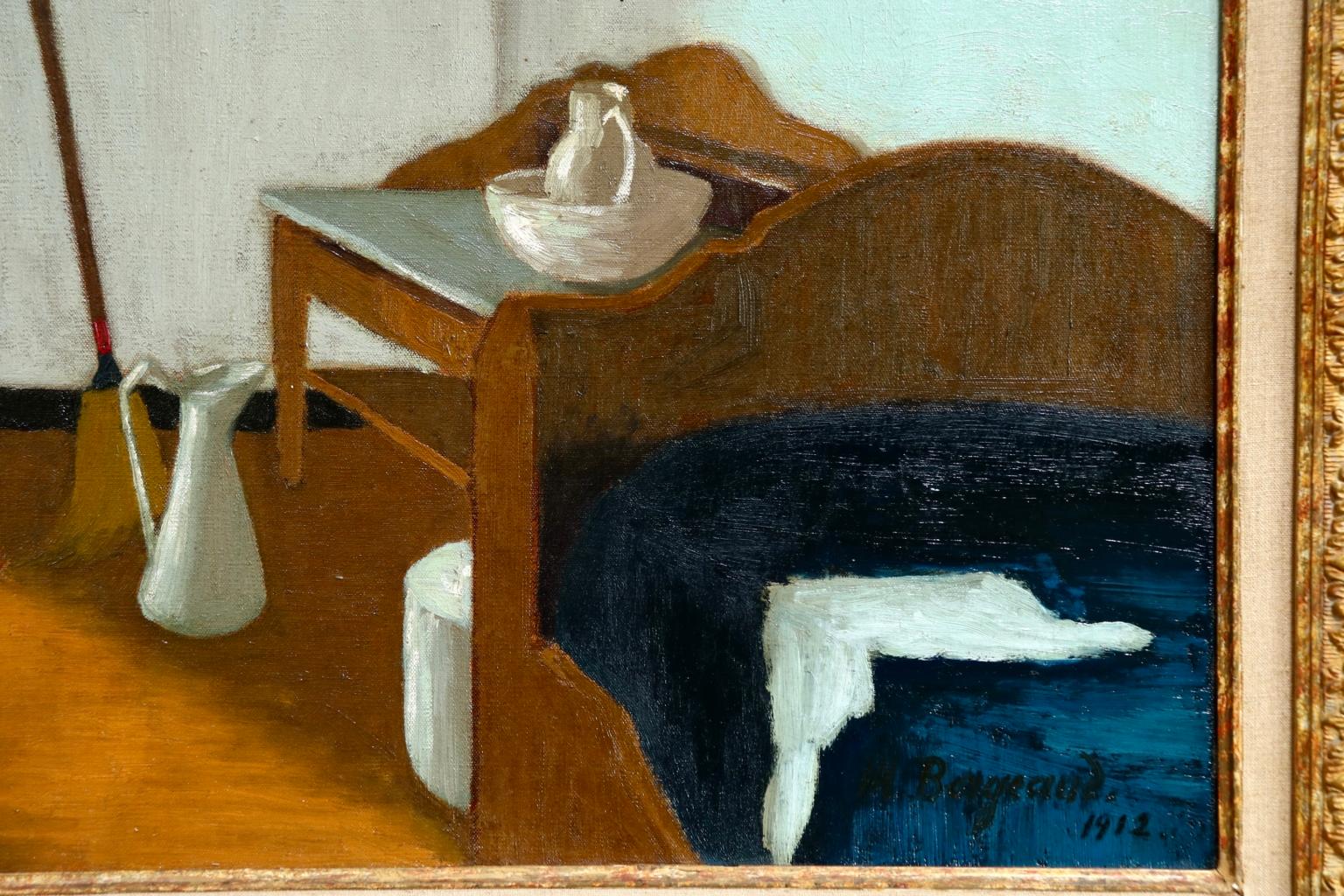 Bonne a la fenetre - Post Impressionist Oil, Figure in Interior by M Borgeaud - Gray Interior Painting by Marius Borgeaud