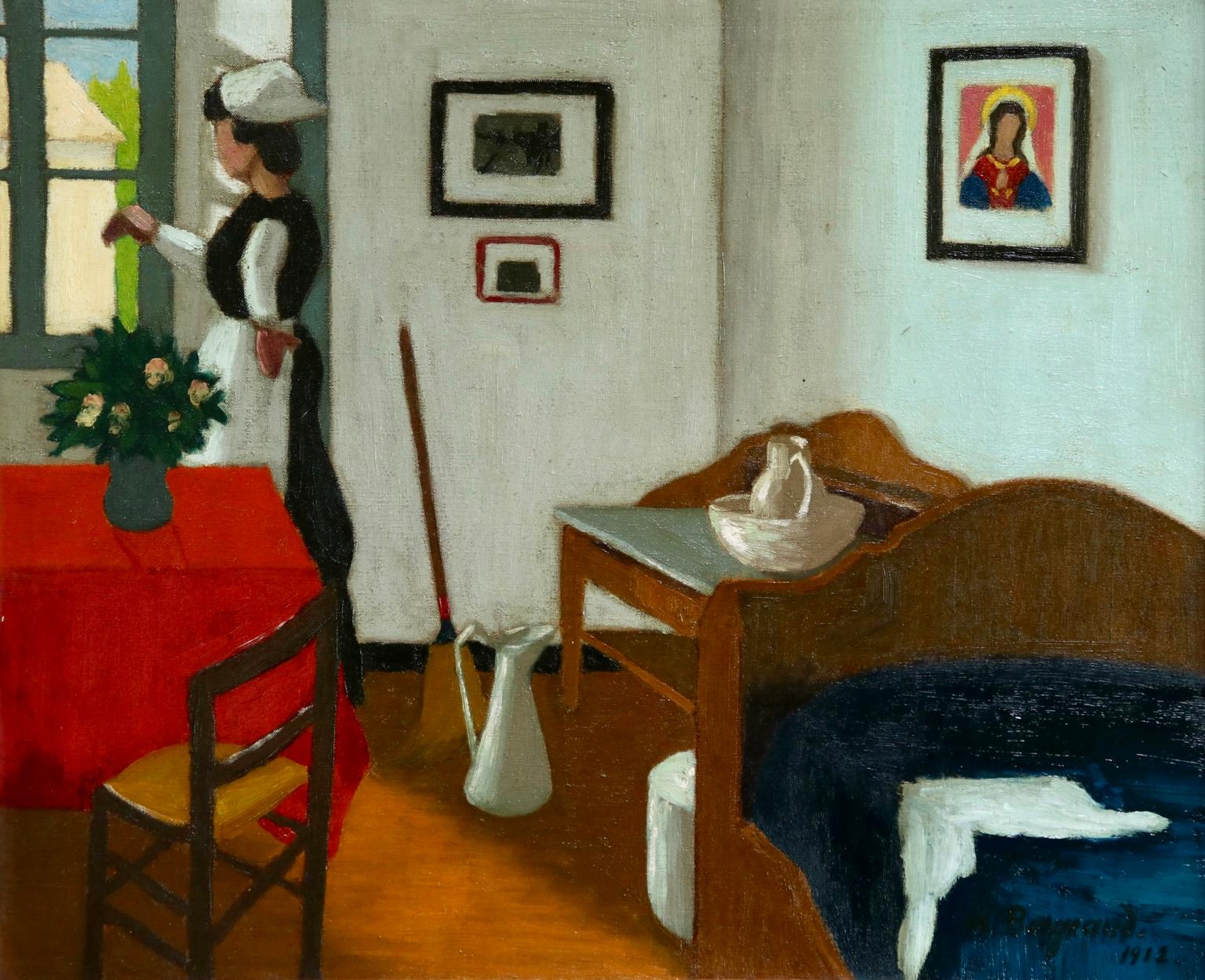 Marius Borgeaud Interior Painting - Bonne a la fenetre - Post Impressionist Oil, Figure in Interior by M Borgeaud